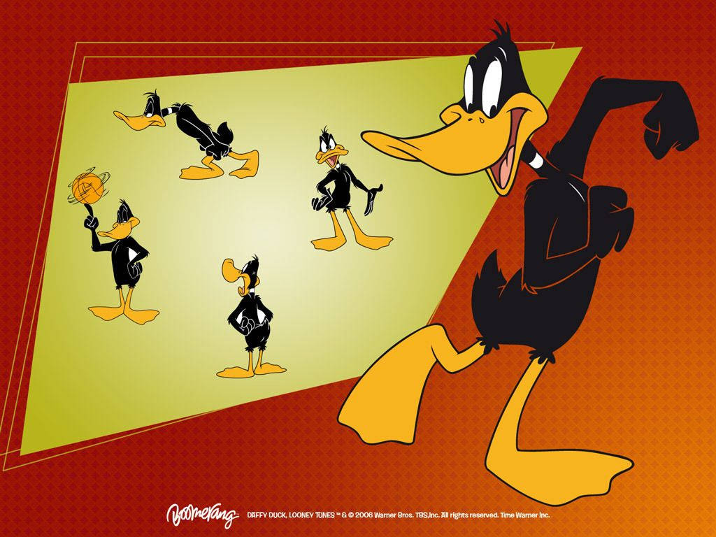 達菲鴨 桌布 壁紙 — Daffy Duck 在紅色和黃色漸變背景上以漫畫風格擺出動態姿勢。