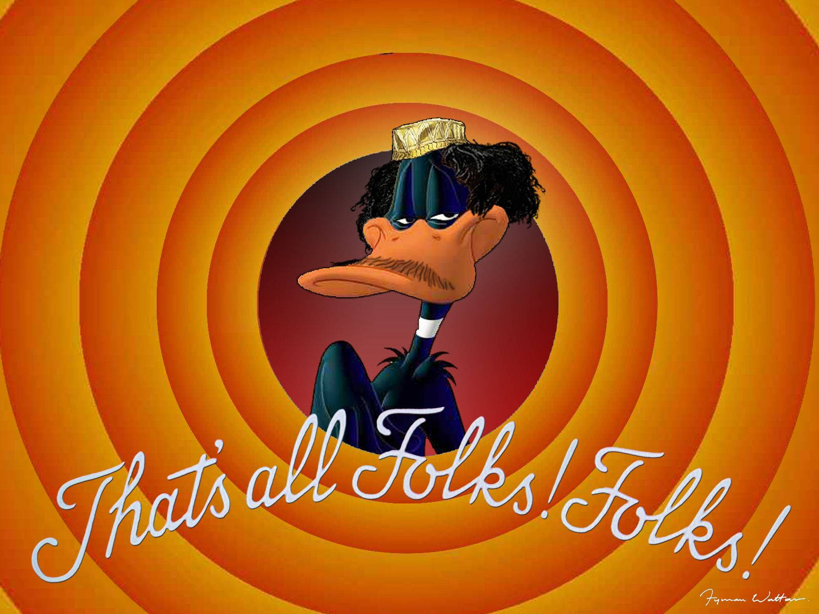 Folks 桌布 壁紙 — Daffy Duck 戴著金色帽子坐在舞台中央，背景是催眠般的橙色螺旋，並帶有「That's all Folks!」文字。