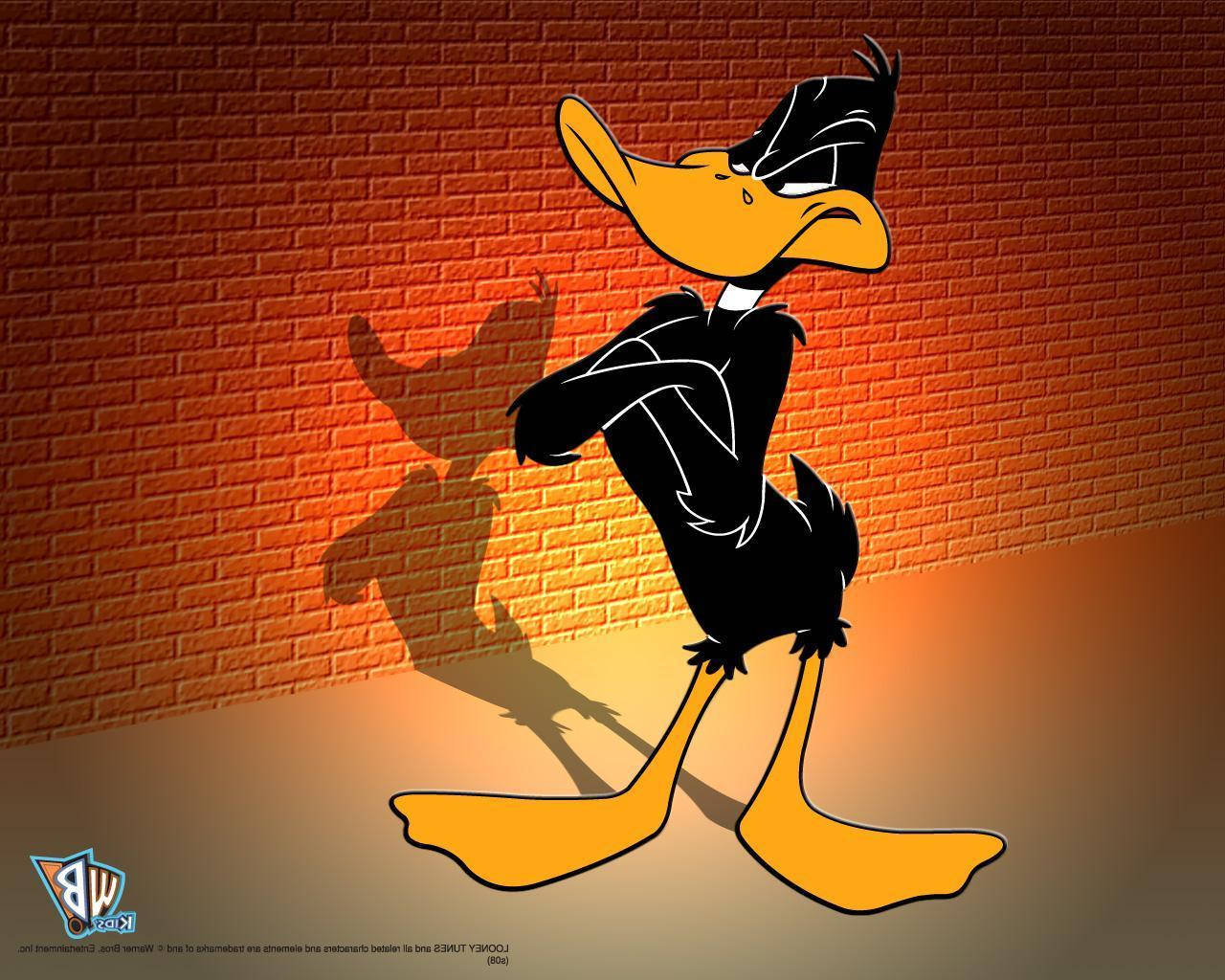 達菲鴨 桌布 壁紙 — Daffy Duck 身穿黑色西裝，自信地站在溫暖照明的磚牆前，身後投射出他的影子。