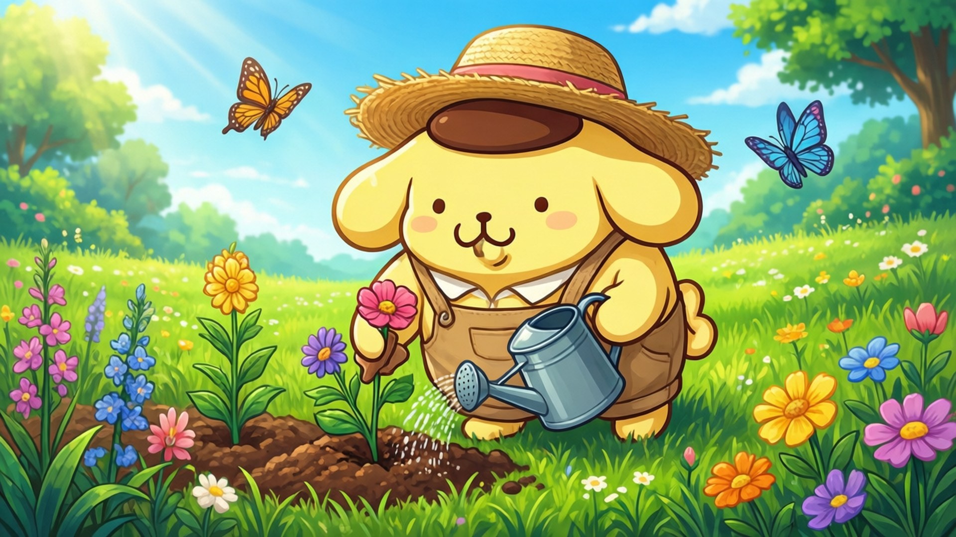 Garden Fun Pompompurin 壁紙 — 一隻戴草帽和吊帶褲的快樂黃色卡通小狗，在蝴蝶飛舞的充滿活力的草地上澆花。