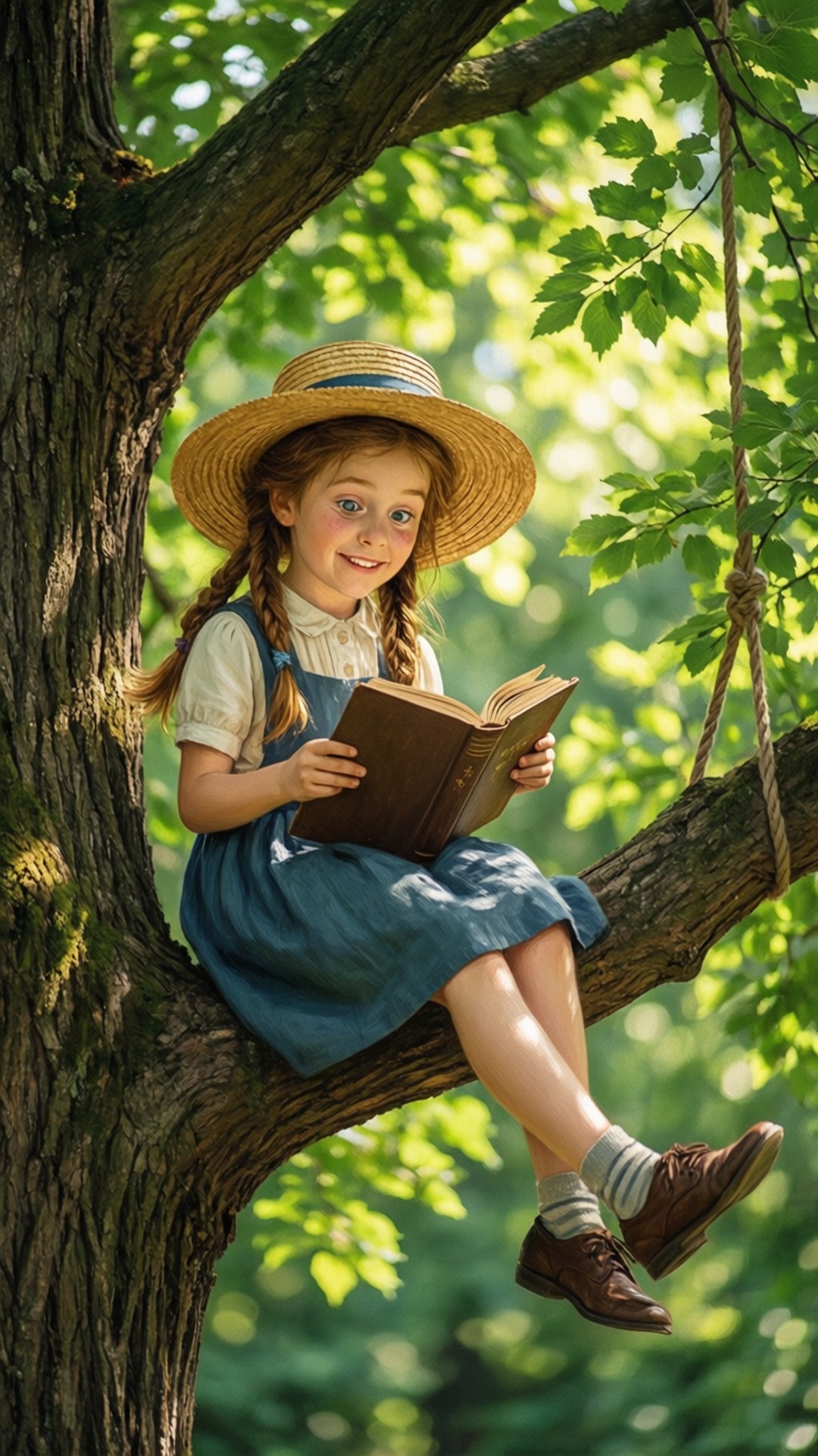 Tree Branch Reader 壁紙 — 一個戴草帽的微笑女孩坐在陽光照耀的樹枝上，被綠葉環繞，正在看書。