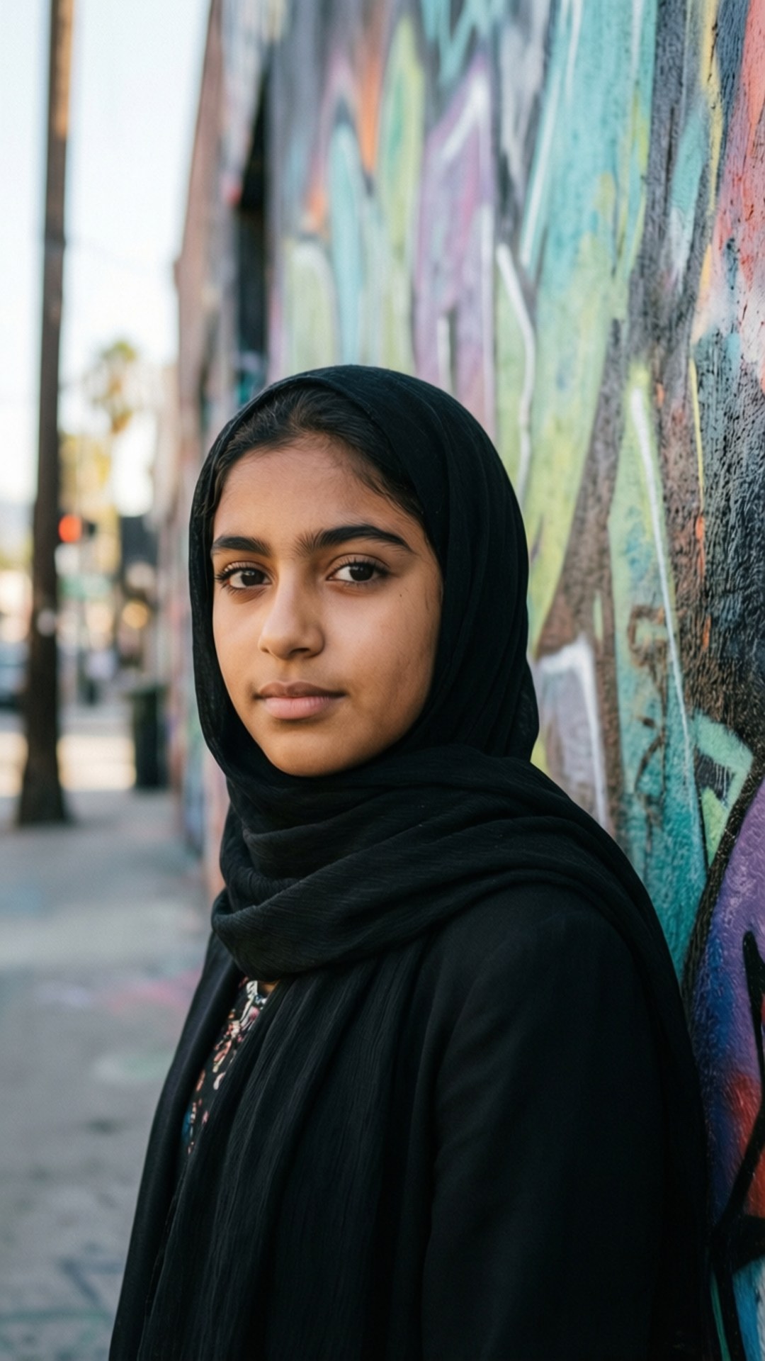 Aneesa Street Style 壁紙 — 一位戴著黑色頭巾的年輕女子在陽光明媚的城市街道上，平靜地站在一面充滿活力的塗鴉牆前。