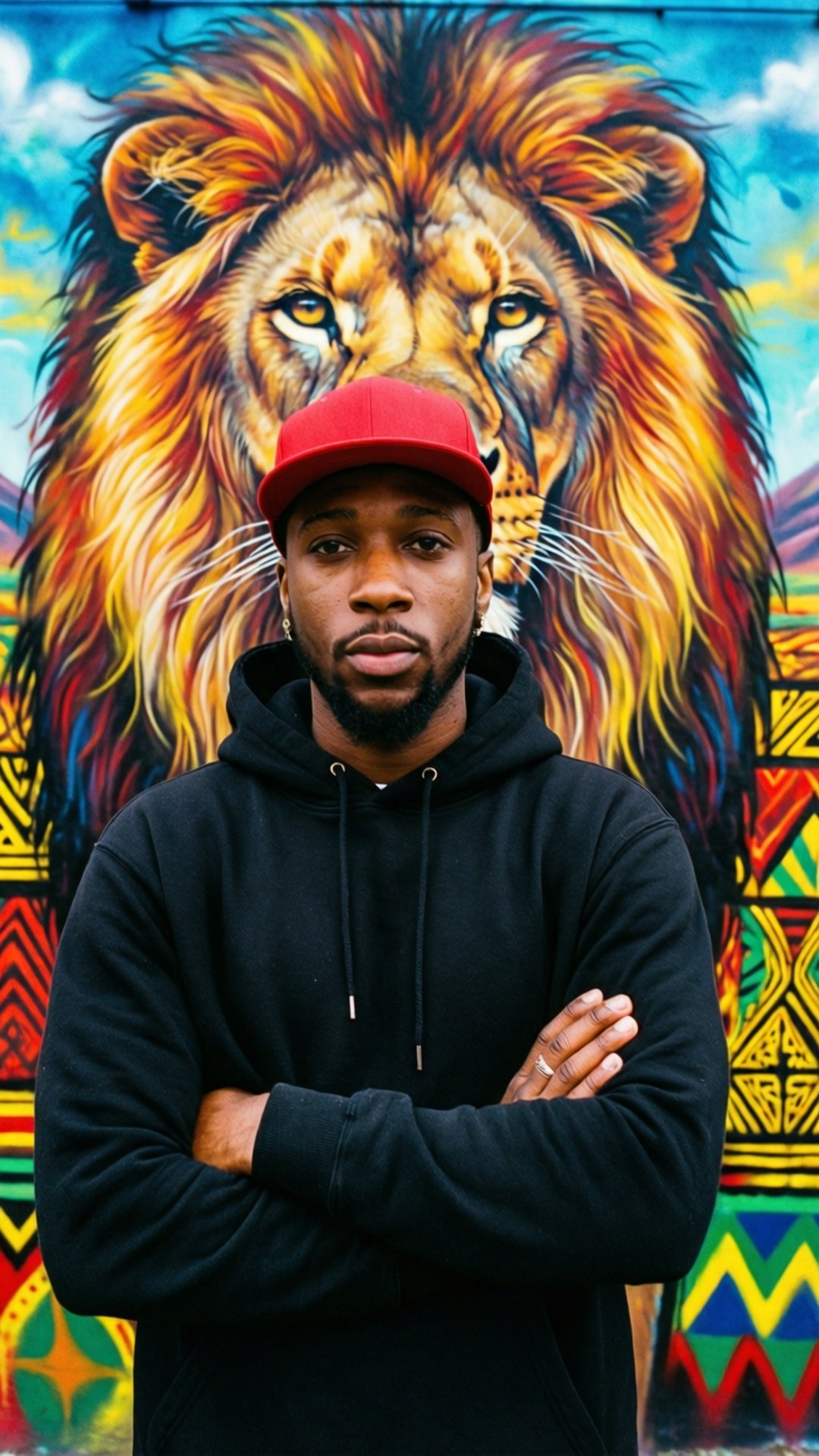 Lion Mural Pride 壁紙 — 一個戴紅帽穿黑色連帽衫的男人雙臂交叉站在一幅色彩繽紛的獅子壁畫前，獅子的鬃毛五彩斑斕。