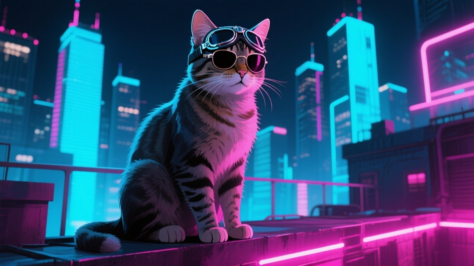 Neon Cat Cool 壁紙 — 一隻戴著護目鏡的虎斑貓坐在發光的屋頂上，俯瞰著夜晚霓虹閃爍的賽博龐克城市景觀。