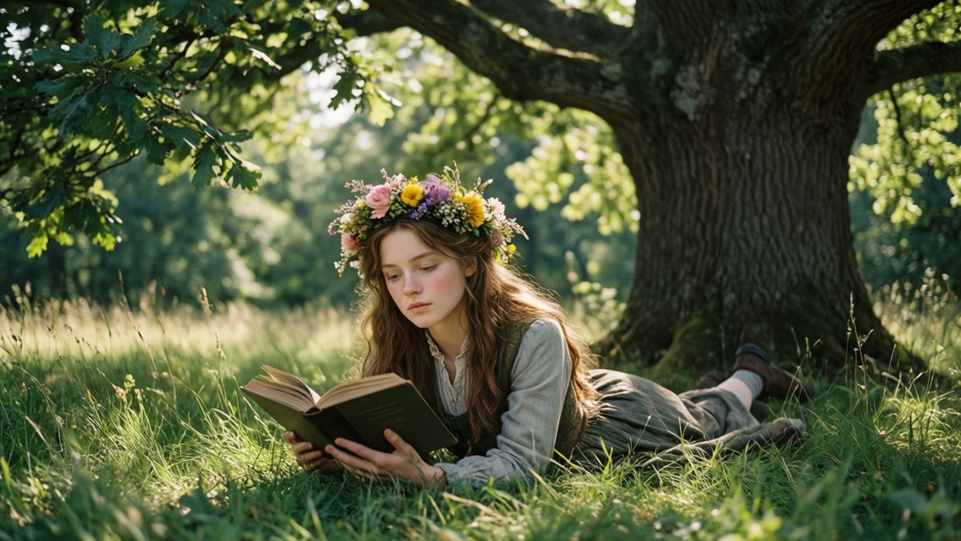 Reading Under the Oak 壁紙 — 一位戴著花冠的年輕女子躺在陽光照耀的草地上，在一棵大樹下看書。