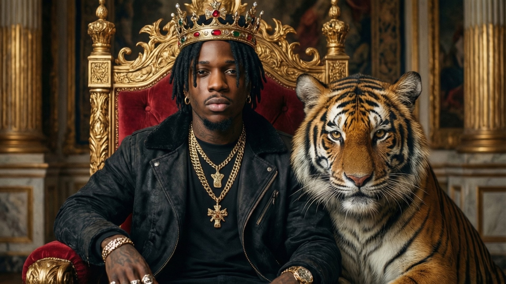 King and Tiger 壁紙 — 一個戴著鑲有寶石皇冠的男人威嚴地坐在金色王座上，旁邊有一隻威猛的老虎，身處豪華宮殿環境中。