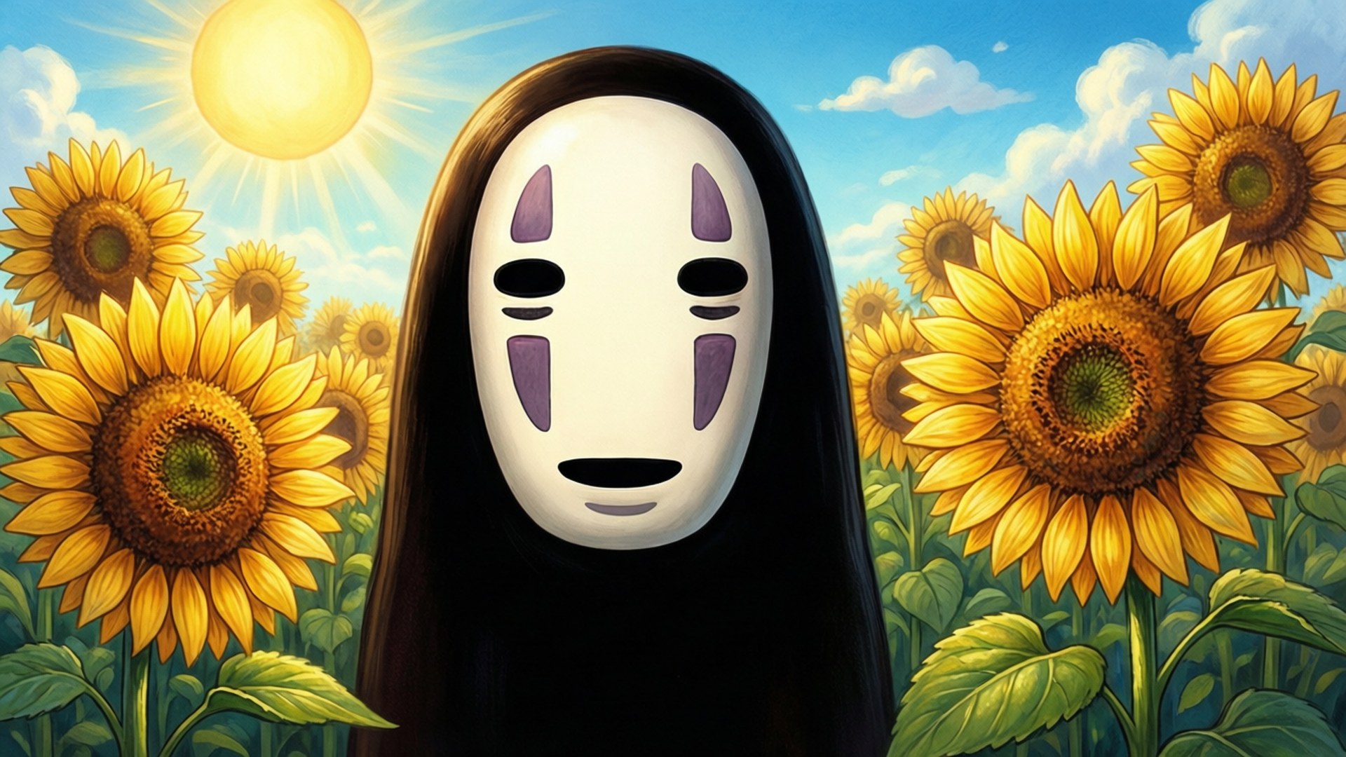 Happy No-Face Sunflowers 壁紙 — 一個戴面具、長黑髮的人物站在向日葵田裡，頭頂是明亮的太陽和蓬鬆的雲朵。