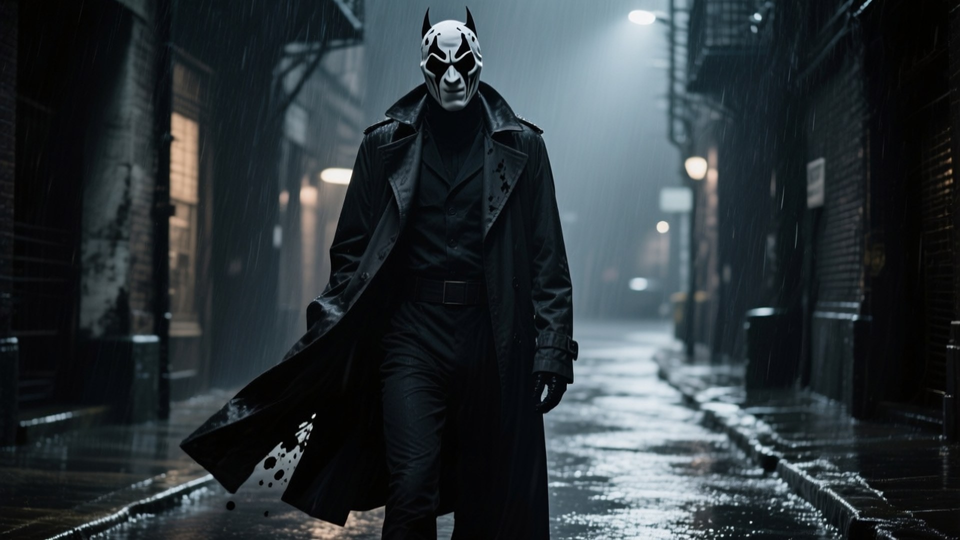 Rorschach in the Rain 壁紙 — 一個戴面具的人穿著長黑色風衣，在昏暗街燈下走過濕漉漉的小巷。