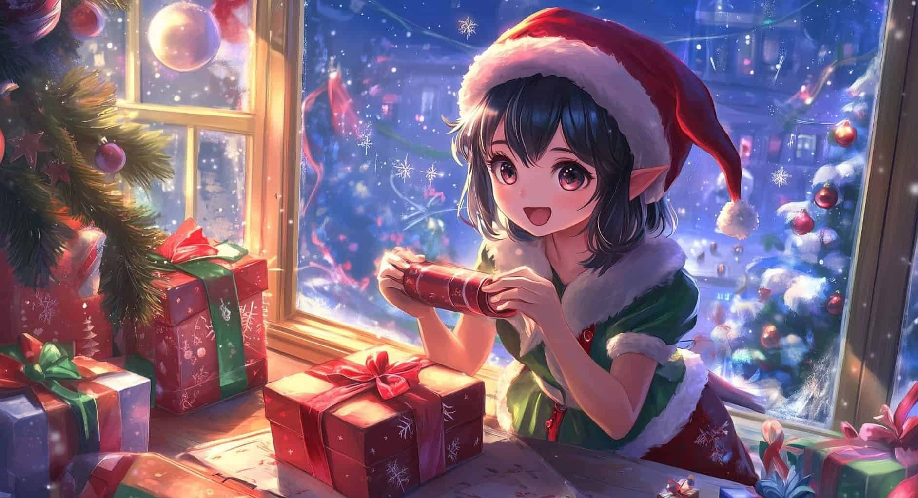  壁紙 — 一個戴聖誕帽的開心動漫女孩在雪窗邊拆禮物，附近有裝飾好的聖誕樹和禮物。