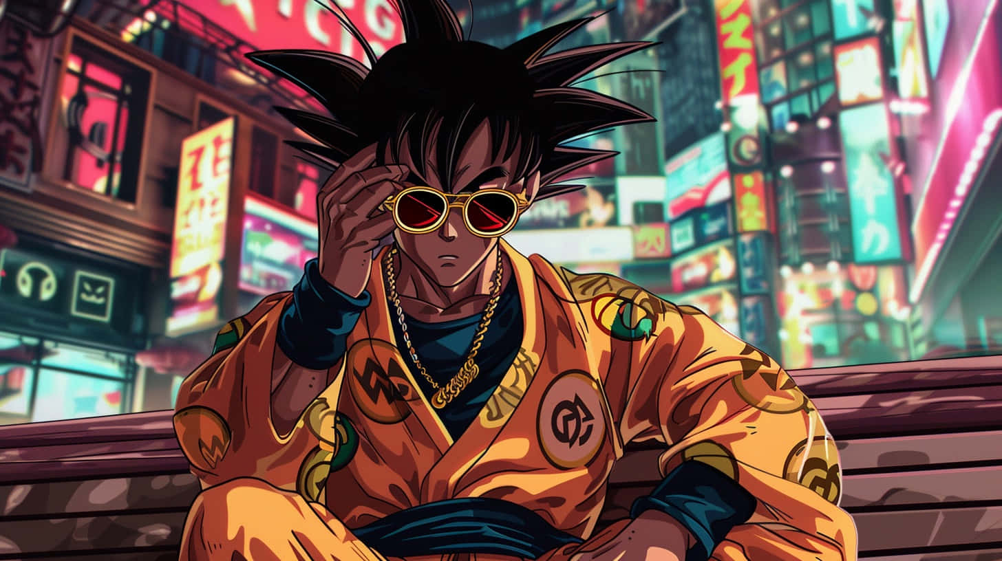  壁紙 — 一個頭髮尖刺、戴著金色太陽眼鏡和橙色道服的動漫角色，夜晚坐在霓虹燈閃爍的東京街頭的長椅上。
