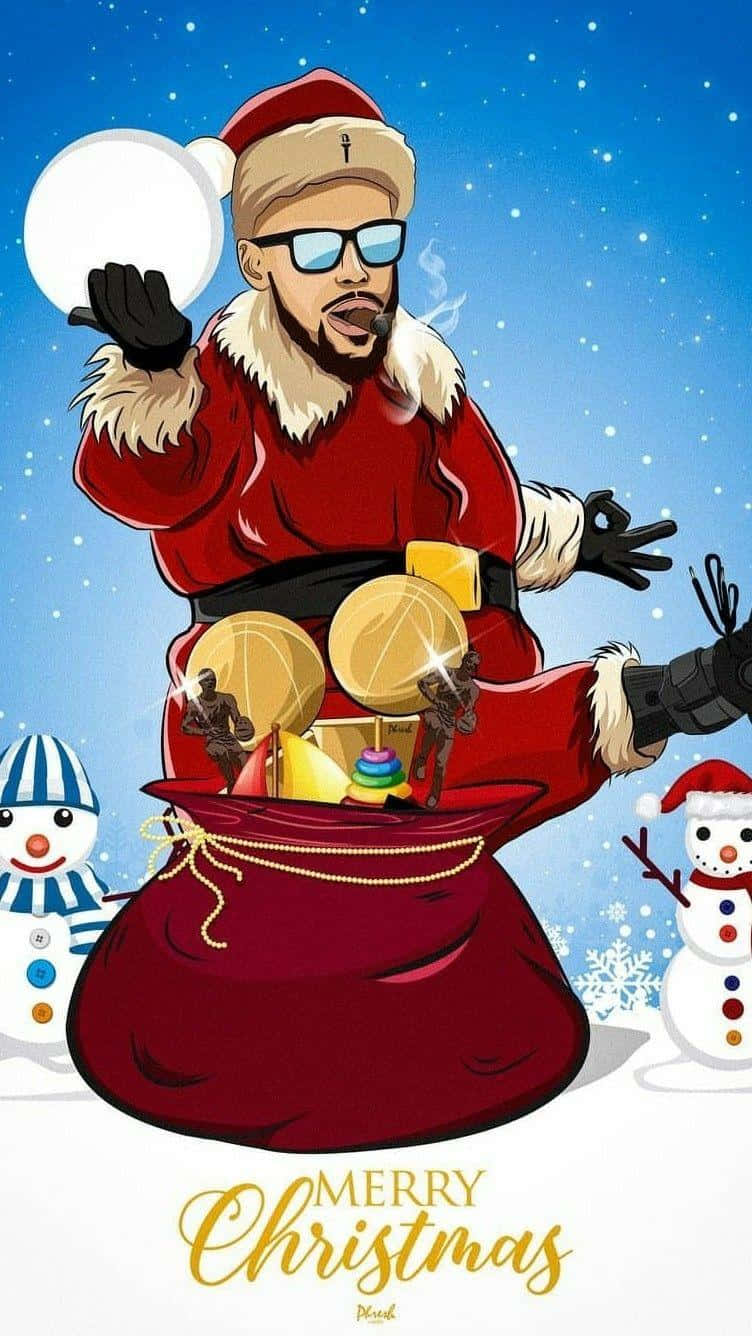 戴太陽眼鏡的聖誕老人手持雪球，附近有雪人。 — NBA聖誕節 壁紙