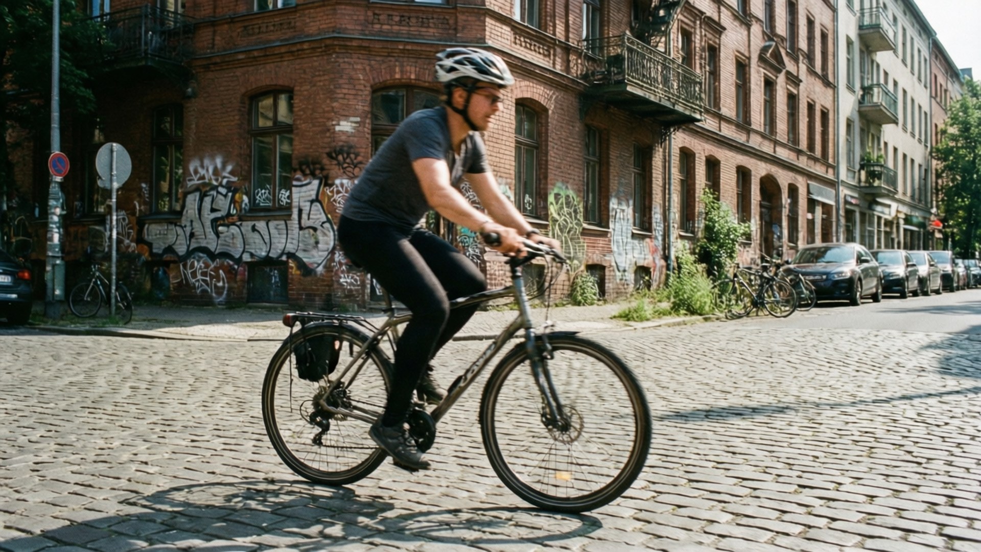 Berlin Bike Ride 壁紙 — 一名戴頭盔的自行車騎士在陽光明媚的鵝卵石街道上騎行，經過帶有塗鴉的磚砌建築。