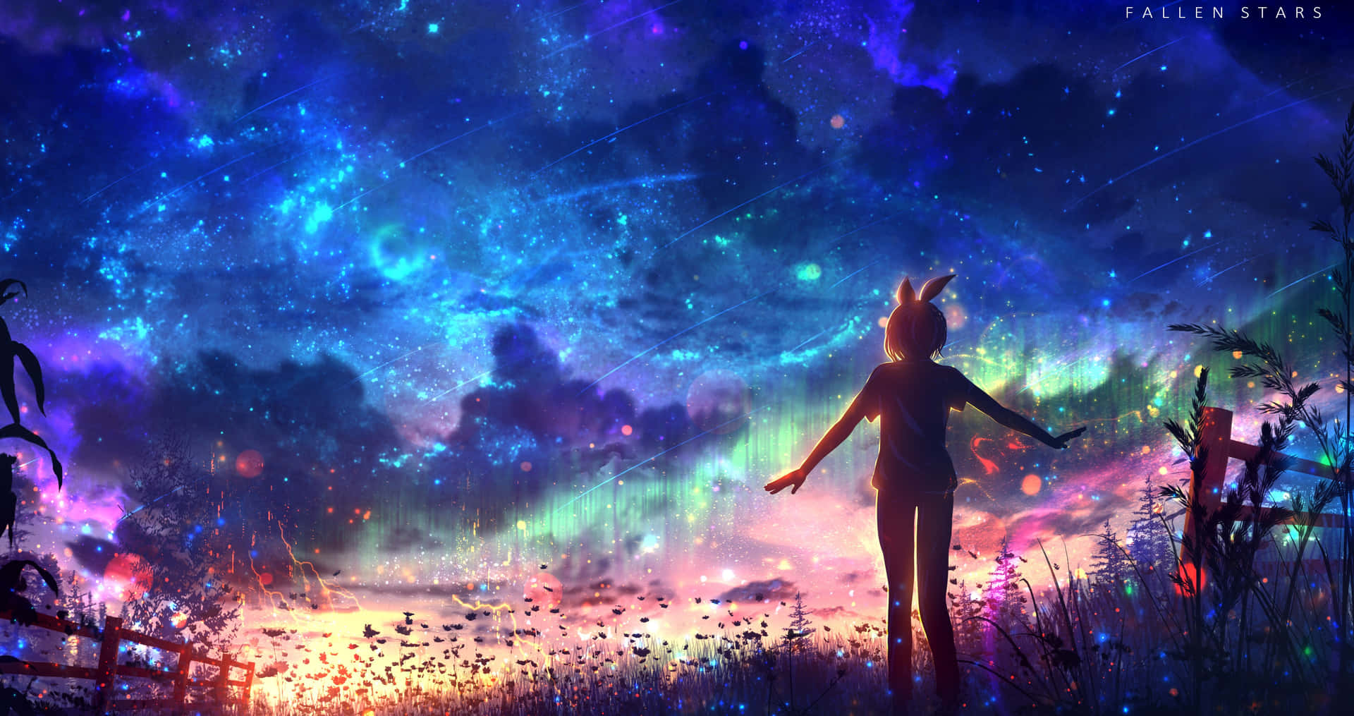 戴兔耳朵的女孩站在星空極光下的田野中 — 4K 壁紙