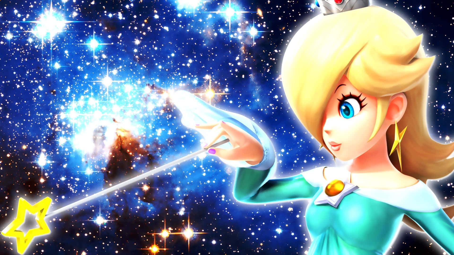 Princess Rosalina 桌布 壁紙 — 黛西公主在充滿宇宙星雲和閃爍星星的鮮豔星空中揮舞著發光的魔杖。
