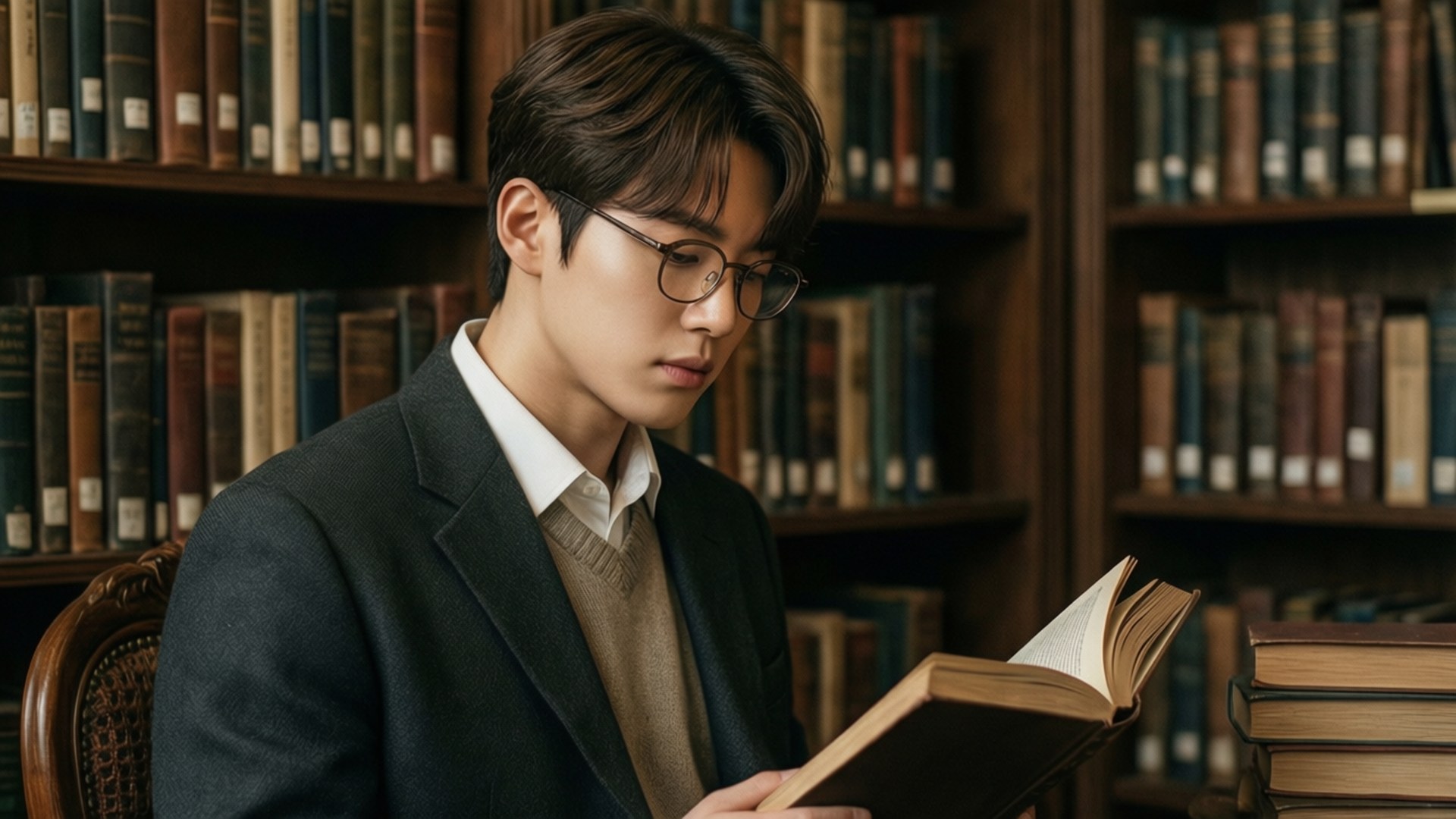 Intellectual Glasses 壁紙 — 一位戴眼鏡的年輕男子在溫暖燈光的圖書館裡，被木書架包圍，專心閱讀一本書。