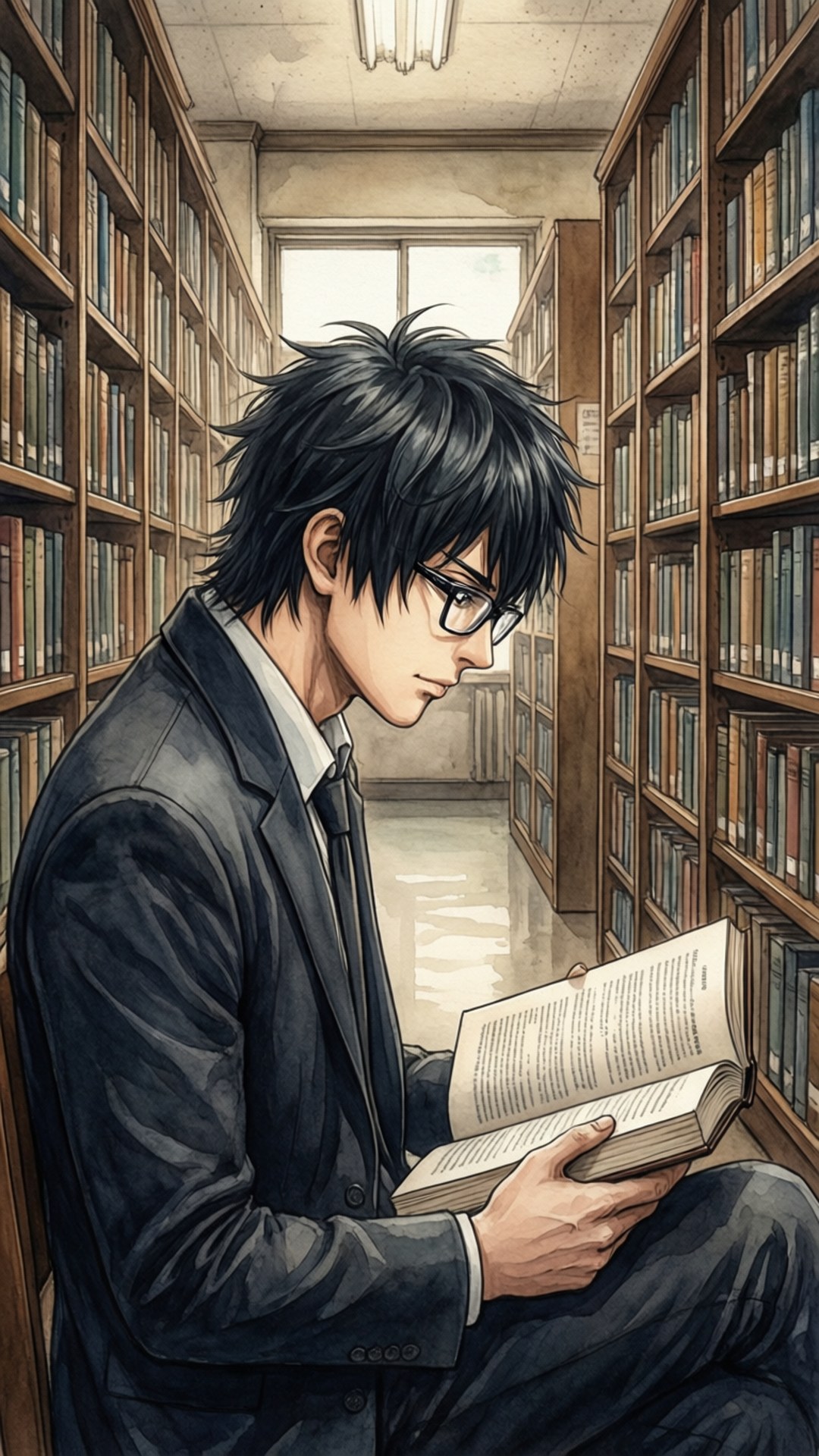 Kenma Kozume 桌布 壁紙 — 一位戴眼鏡的年輕男子在安靜的圖書館走道中盤腿而坐，被高聳的書架環繞，正在閱讀一本書。