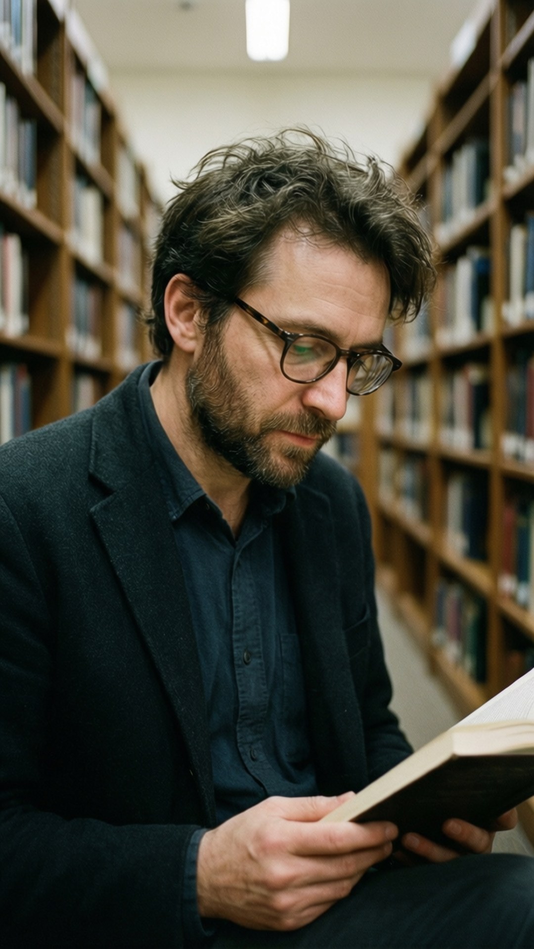 Studious Glasses 壁紙 — 一個戴眼鏡留鬍鬚的男人在一個安靜的圖書館走廊裡看書，走廊兩旁是木製書架。