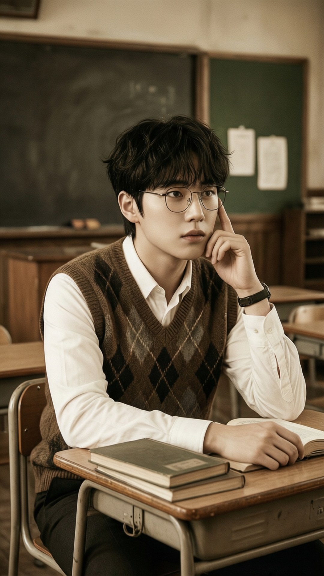 원우 桌布 壁紙 — 一位戴眼鏡的年輕男子坐在復古教室的木桌旁，手托著臉頰沉思。
