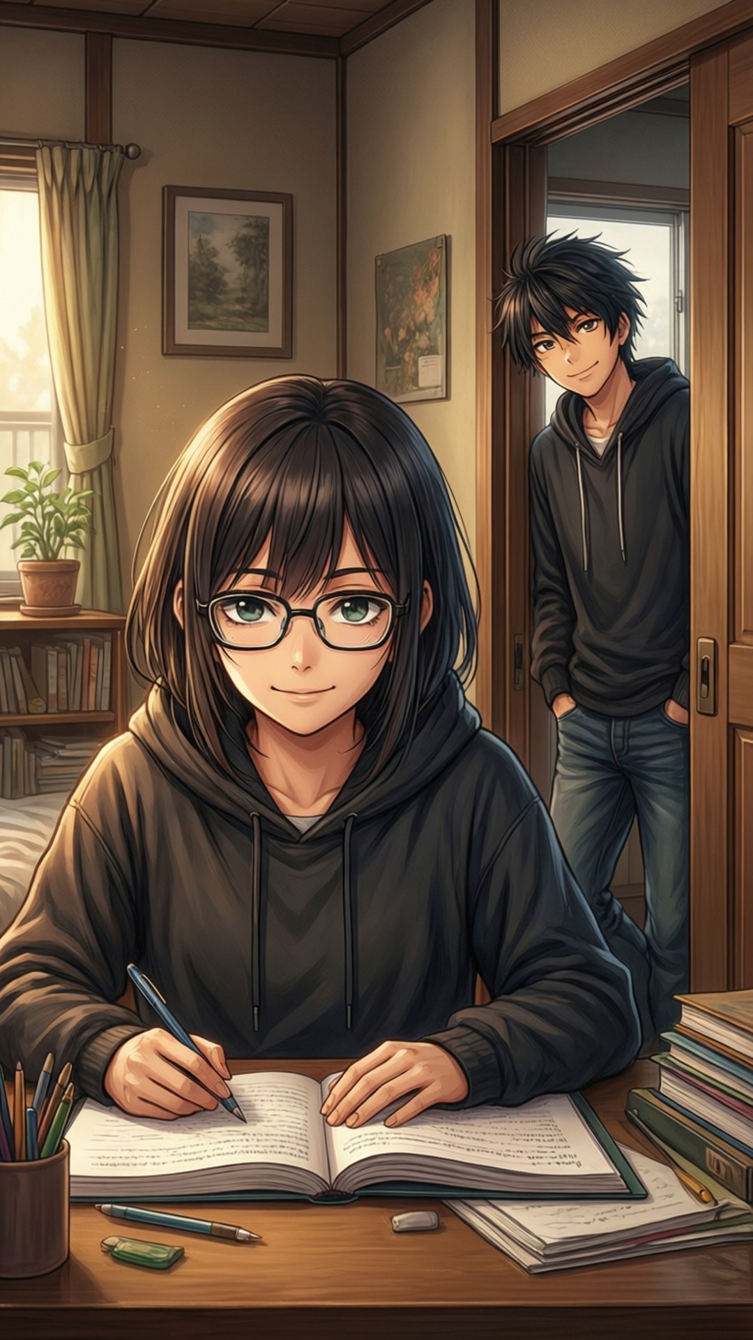 Quiet Study Moment 壁紙 — 一個戴眼鏡的女孩在木桌上寫筆記，一個男孩靠在門口微笑。