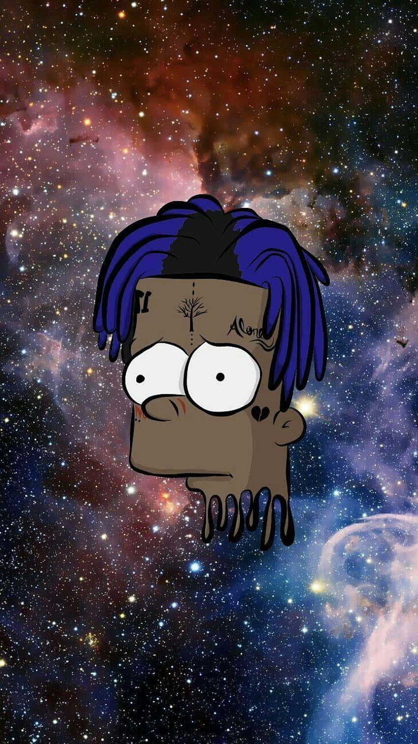  壁紙 — 帶有藍色辮子的卡通角色漂浮在充滿星星和彩色雲朵的鮮豔宇宙星雲前。