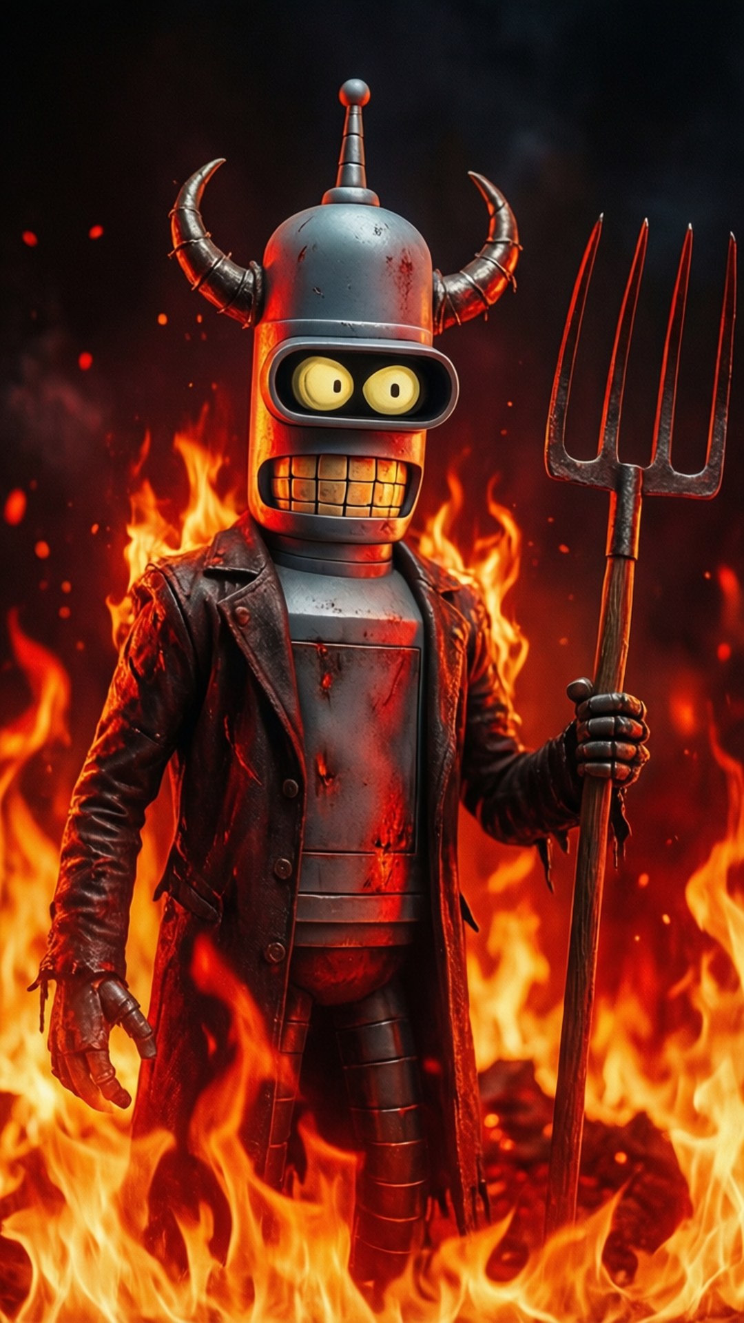 Bender in Robot Hell 壁紙 — 一個帶有角和乾草叉的威脅性機器人站在咆哮的火焰中，穿著破爛的皮外套。