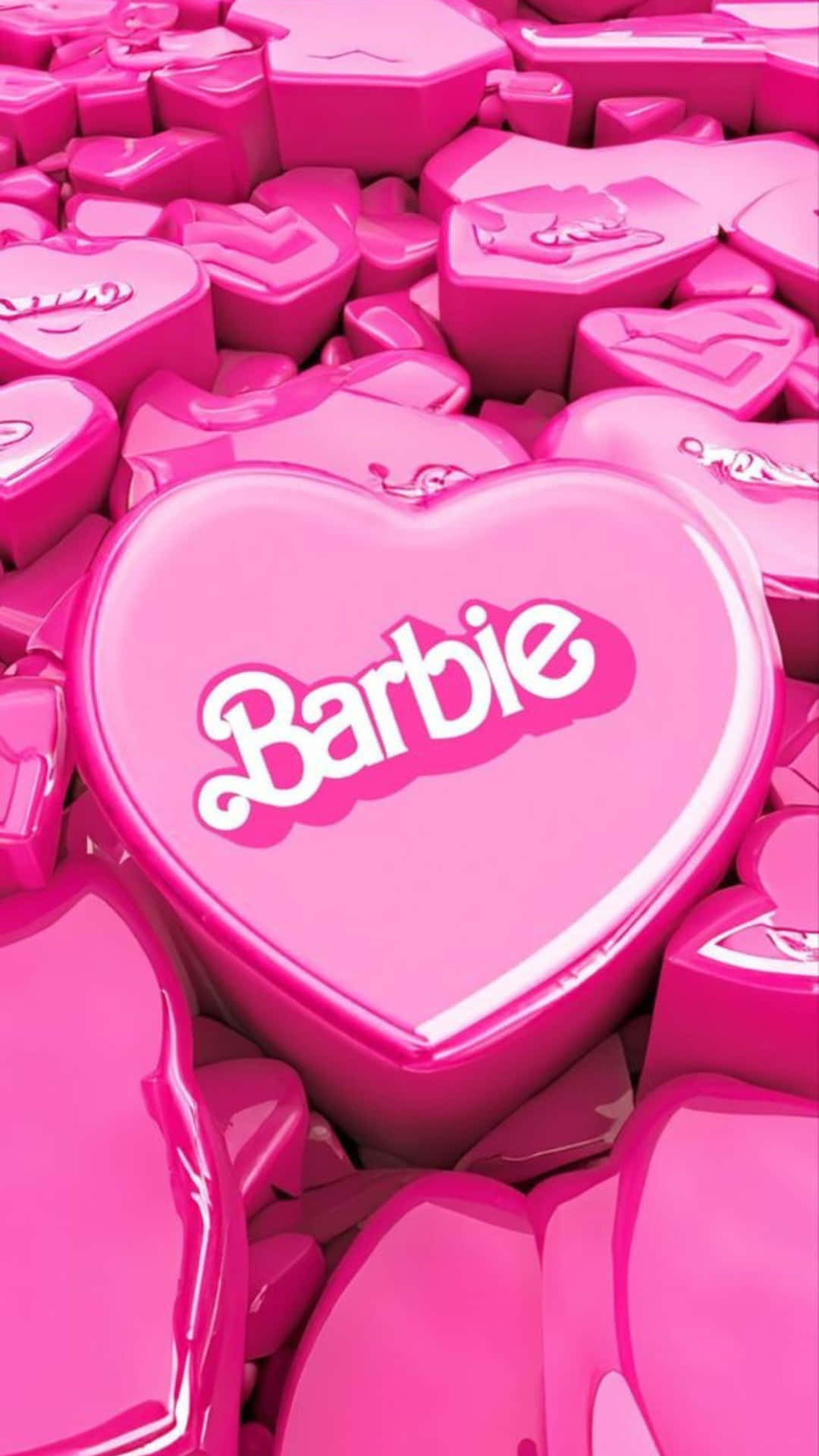  壁紙 — 一個帶有 'Barbie' 標誌的光澤粉紅色心形，坐落在充滿活力的糖果般質感的匹配心形海洋之上。