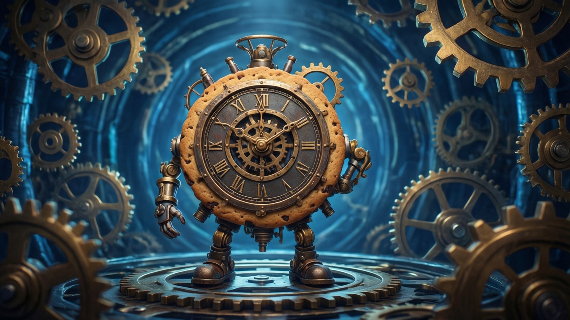Clockwork Realm 壁紙 — 一個帶有羅馬數字的蒸氣龐克機器人時鐘站在齒輪平台上，周圍是藍色隧道中漂浮的黃銅齒輪。