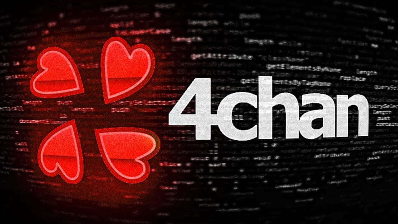  壁紙 — 帶有四個發光紅色心形的4chan標誌漂浮在充滿滾動代碼的黑暗螢幕上。