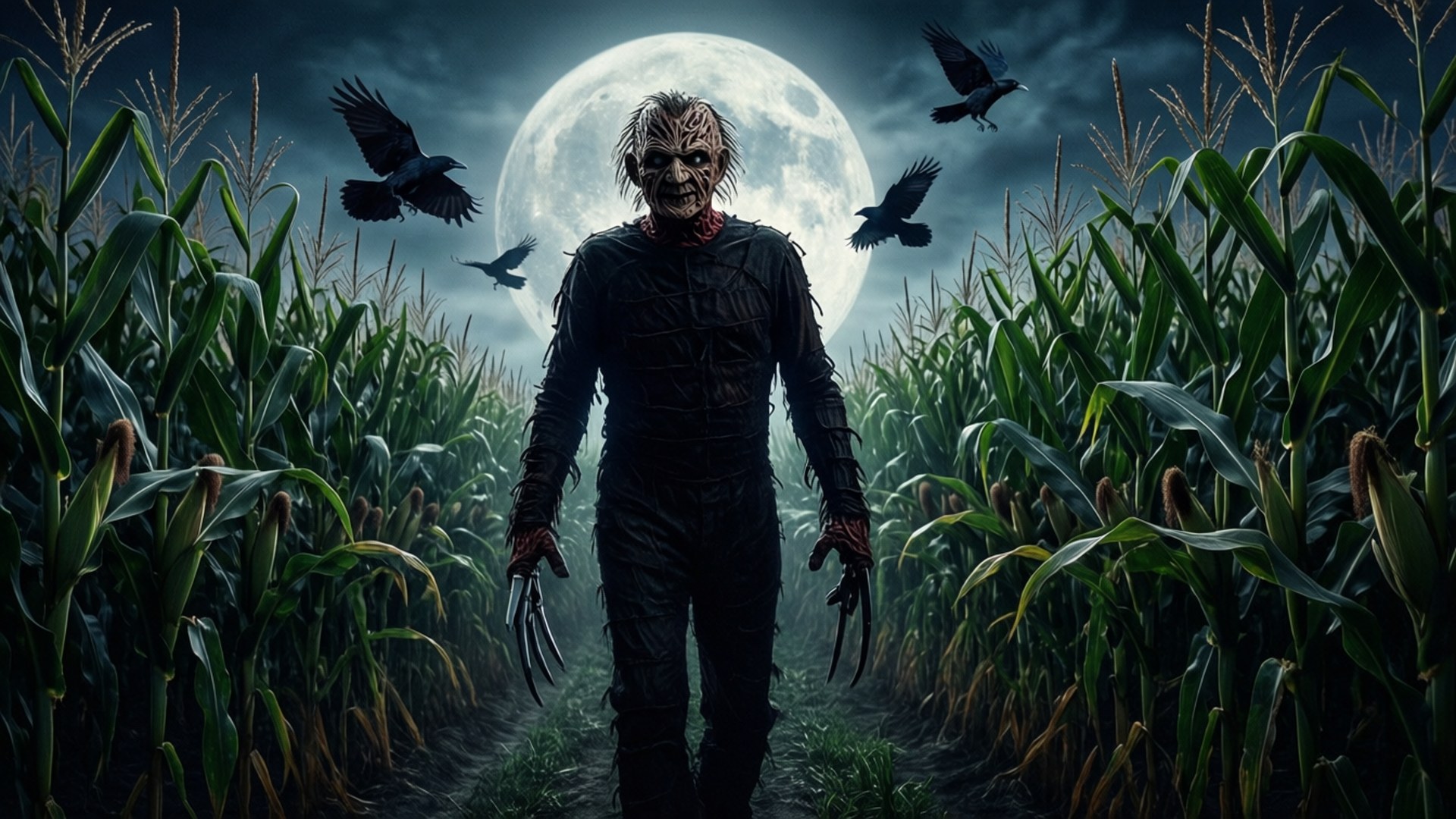 Freddy Krueger Free 桌布 壁紙 — 一個帶有爪狀手的可怕稻草人在月光下的玉米田裡行走，烏鴉在頭頂飛過。