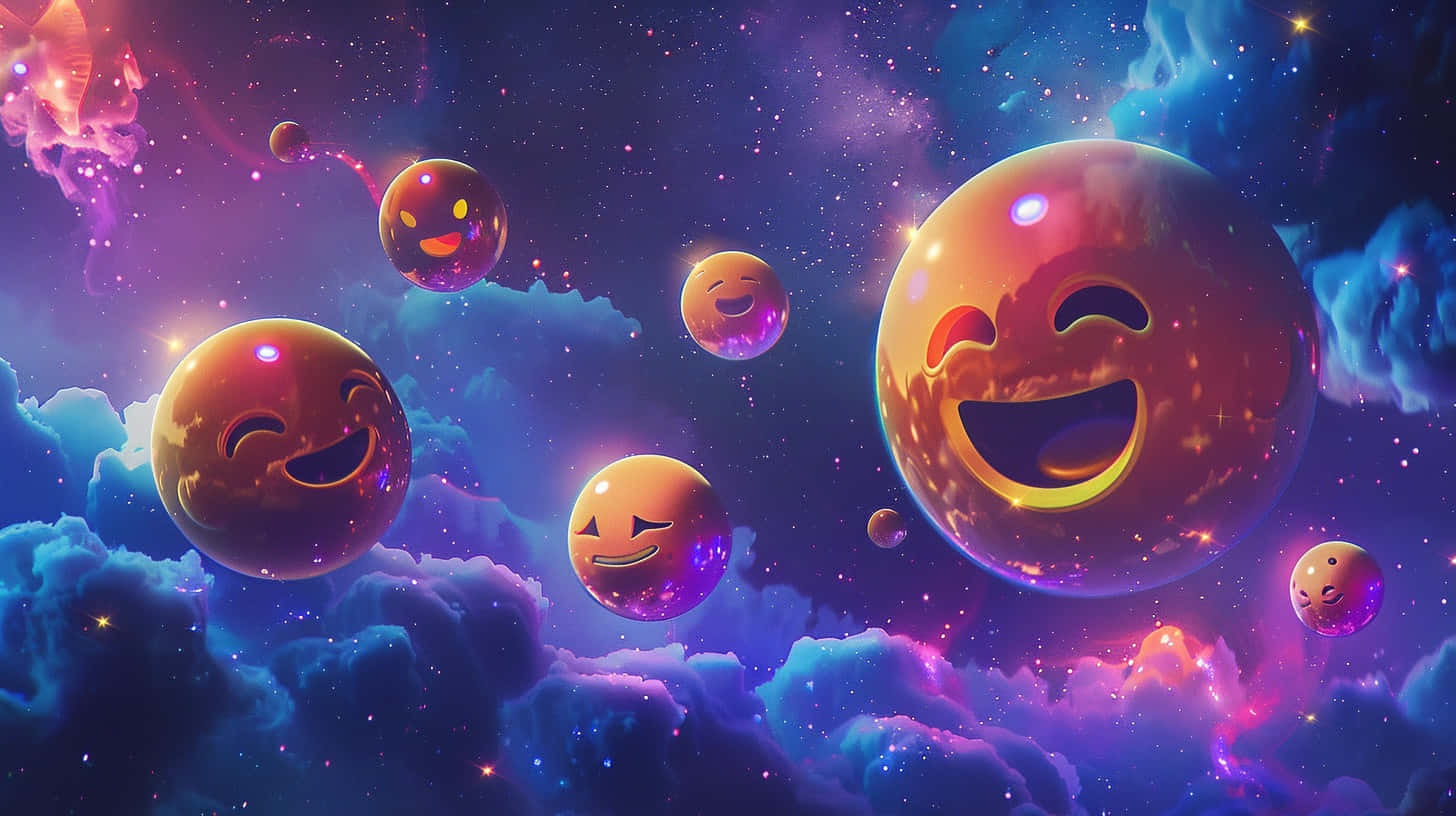  壁紙 — 帶有閃耀笑容的快樂表情符號行星漂浮在充滿星星和彩色雲朵的充滿活力的宇宙星雲中。