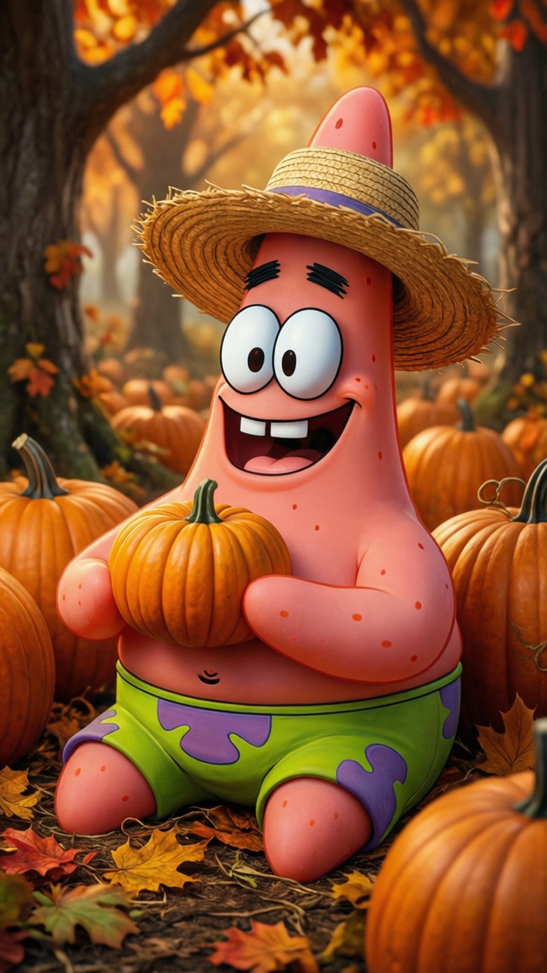 Patrick Star at Pumpkin Patch 壁紙 — 一隻戴著草帽的快樂粉紅色卡通海星，在橙色南瓜森林和飄落的秋葉中拿著一個小南瓜。