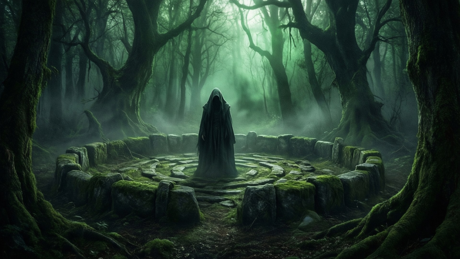 Stone Circle Mystery 壁紙 — 一個戴著兜帽的身影獨自站在一個長滿青苔的石圈中，周圍是迷霧籠罩的古老森林，高聳的扭曲樹木沐浴在詭異的綠光中。