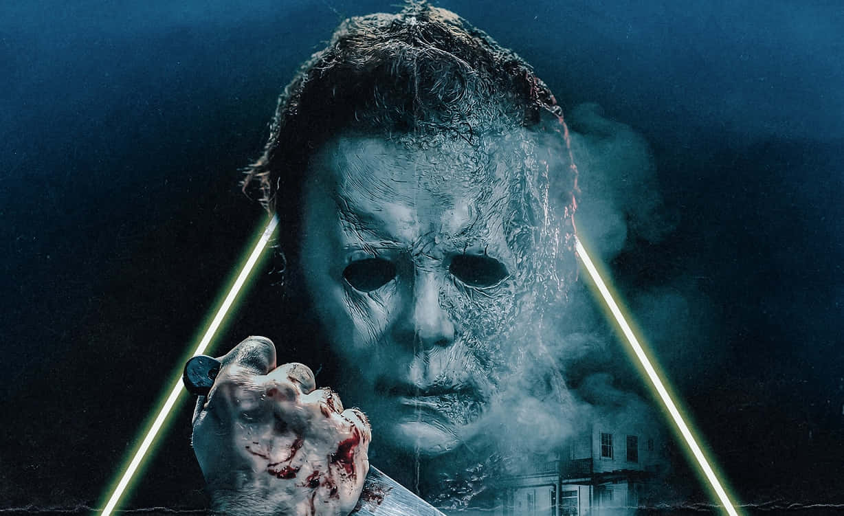  壁紙 — 一個戴著面具的兇殘殺手，手持一把血淋淋的刀，背景是黑暗煙霧繚繞，刀身被發光的霓虹三角形框住。