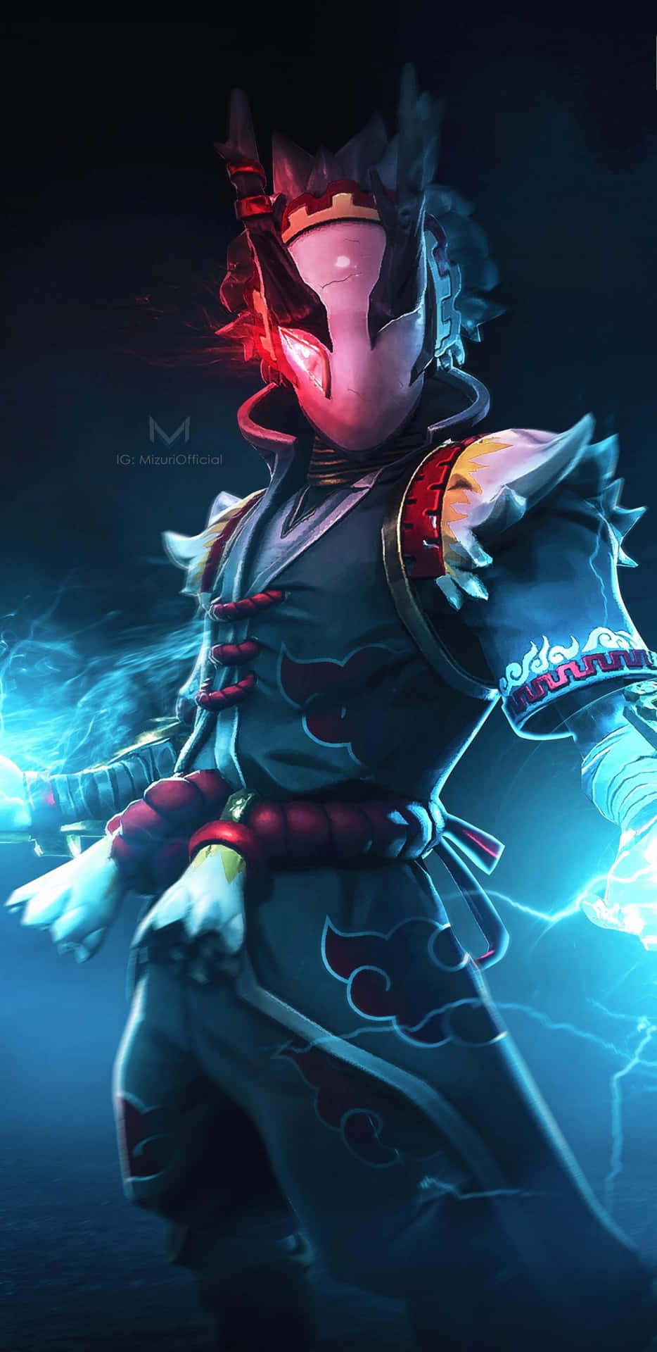 在黑暗環境中揮舞電能的發光盔甲動漫戰士。 — Fortnite 壁紙