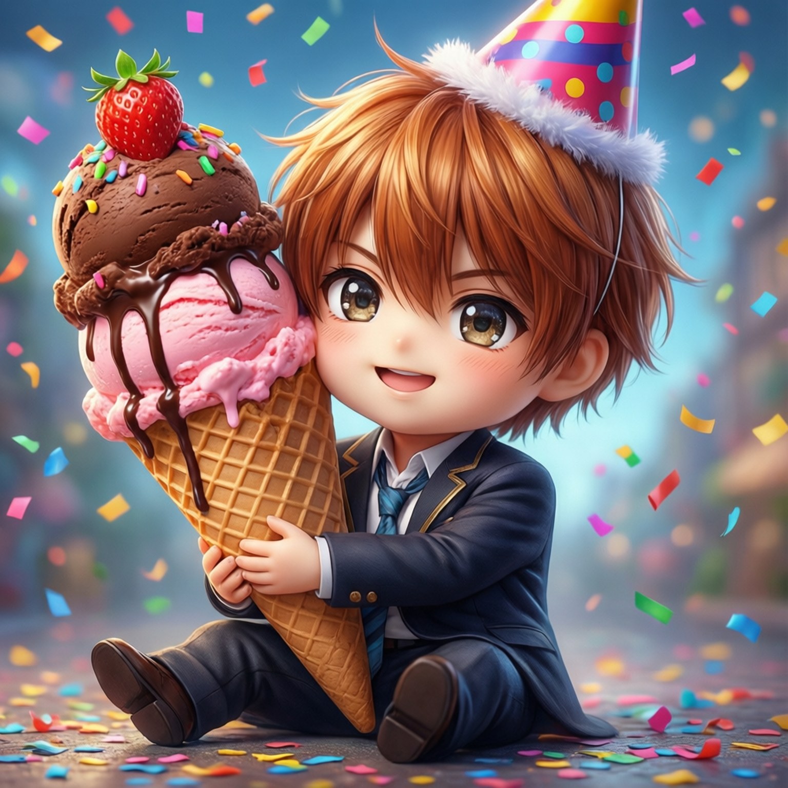 Birthday Ice Cream 壁紙 — 一個戴著派對帽的開心Q版男孩抱著一個巨大的鬆餅筒冰淇淋，上面有巧克力、草莓和彩糖，周圍有紙屑飄落。