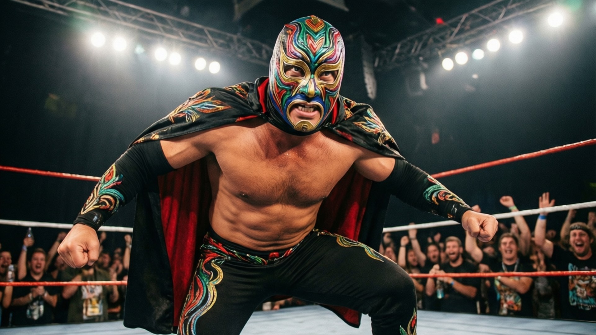 Lucha Libre Wrestler 壁紙 — 一位戴著色彩鮮豔面具的摔角手在明亮的競技場燈光下，在繩索後面歡呼的粉絲面前，強而有力地蹲在摔角場上。