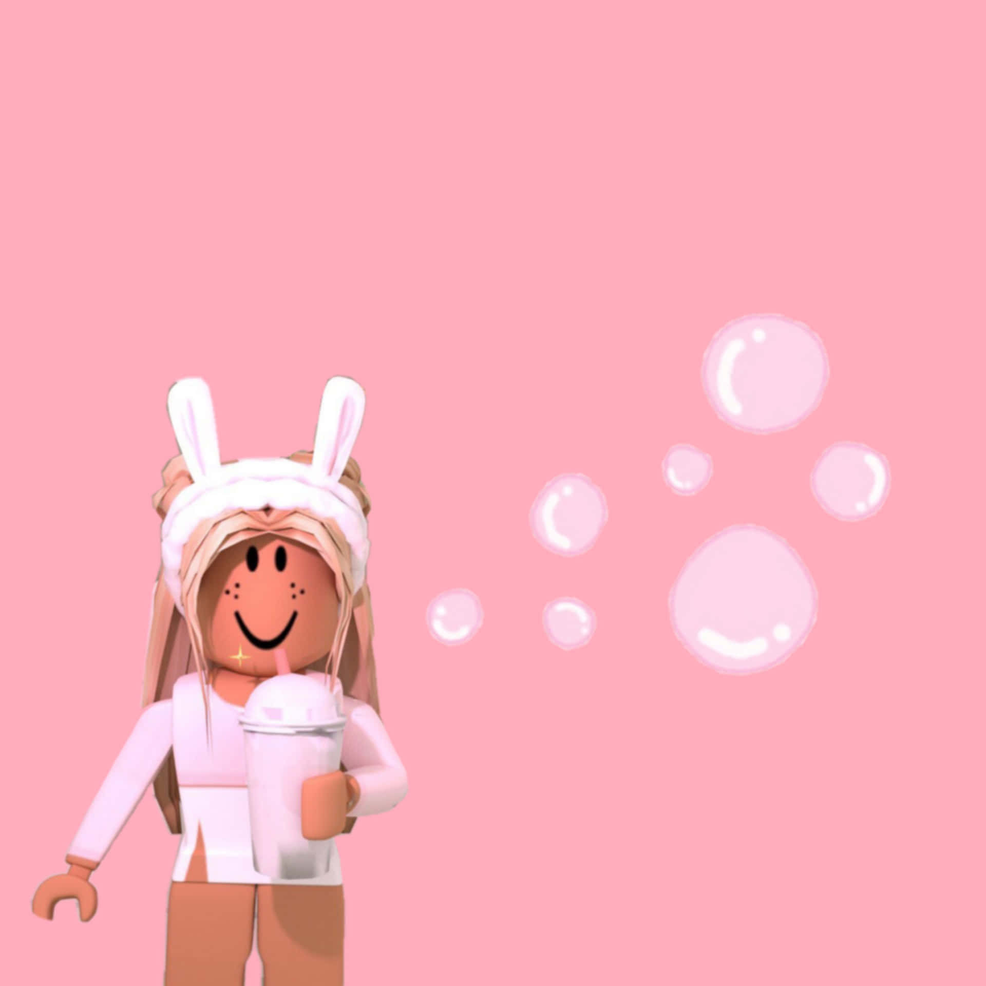  壁紙 — 一個戴著兔子帽的開心Roblox頭像正在喝飲料，粉紅色泡泡在她旁邊漂浮，背景是純粉紅色。