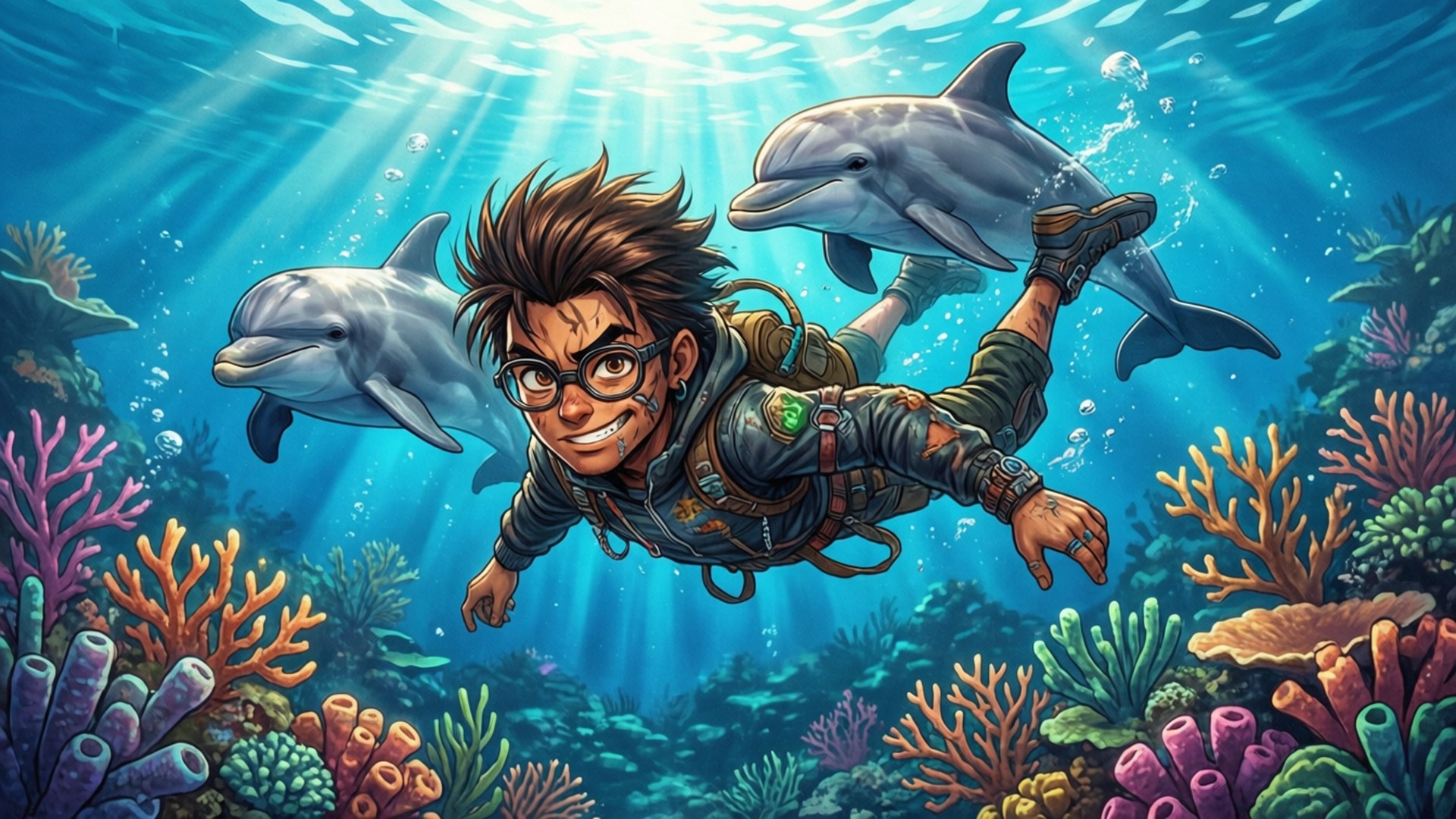 Ocean Adventure 壁紙 — 一位戴著眼鏡、微笑的水肺潛水員，與兩條海豚一起在陽光普照的 vibrant 珊瑚礁中快樂地游泳。