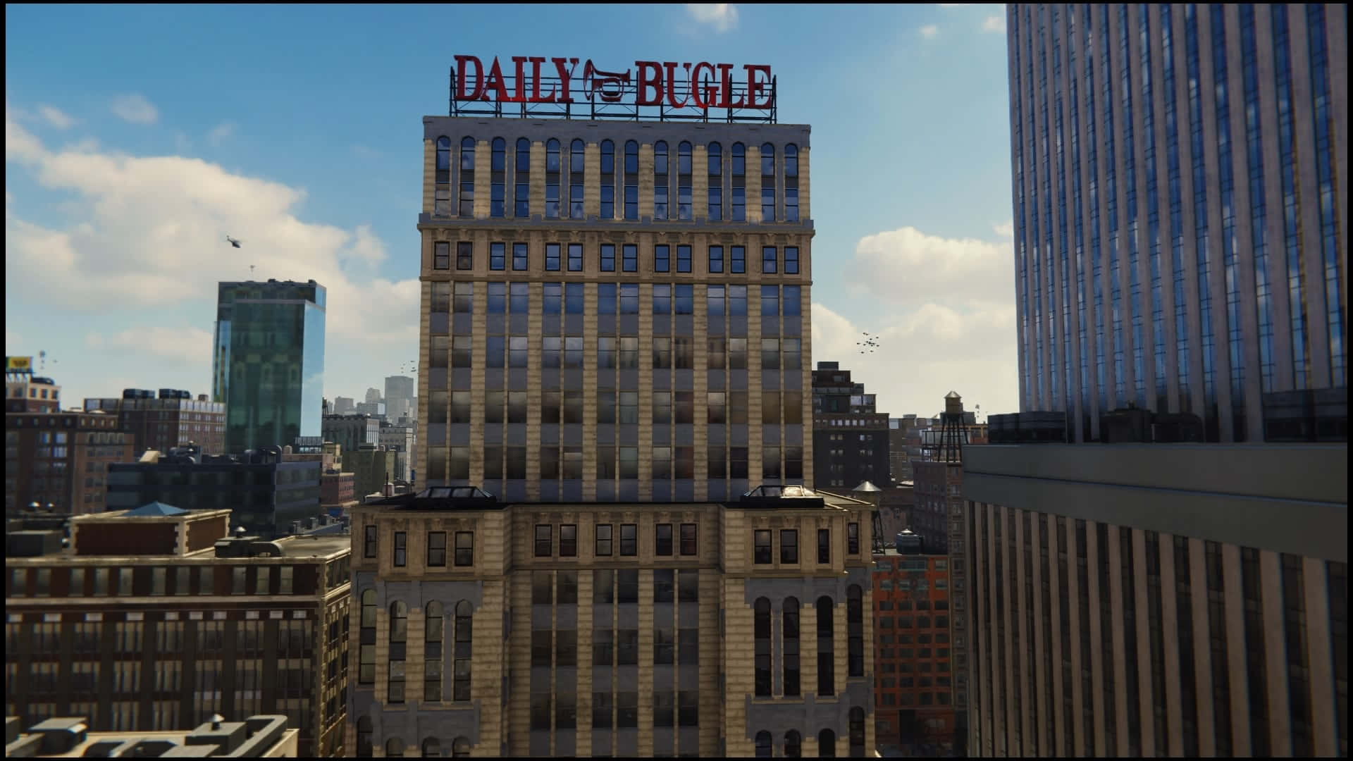 Daily Bugle 桌布 壁紙 — 一座高聳的建築物帶有紅色的Daily Bugle標誌，矗立在密集的城市天際線中，天空湛藍，雲朵稀疏。