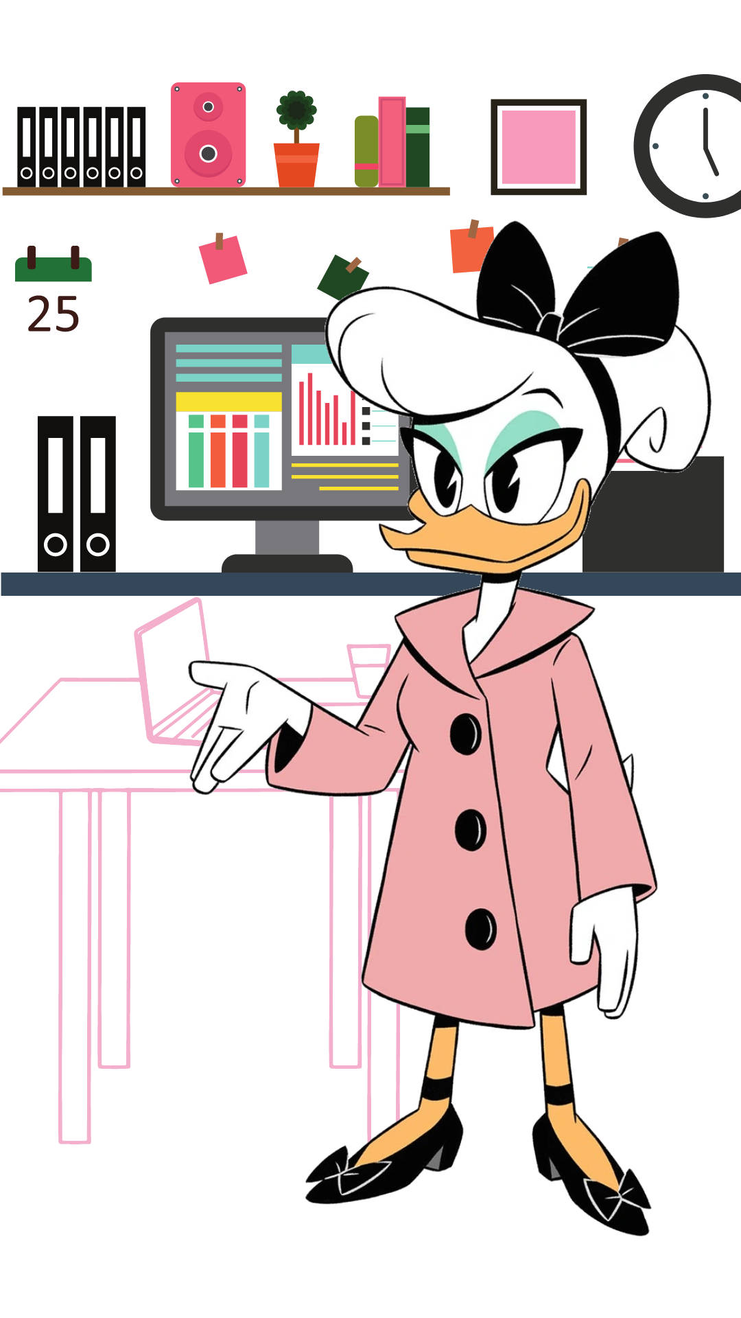 黛絲鴨 桌布 壁紙 — Daisy Duck 穿著粉紅色外套站在辦公室，表情嚴肅地指著一台筆記型電腦。