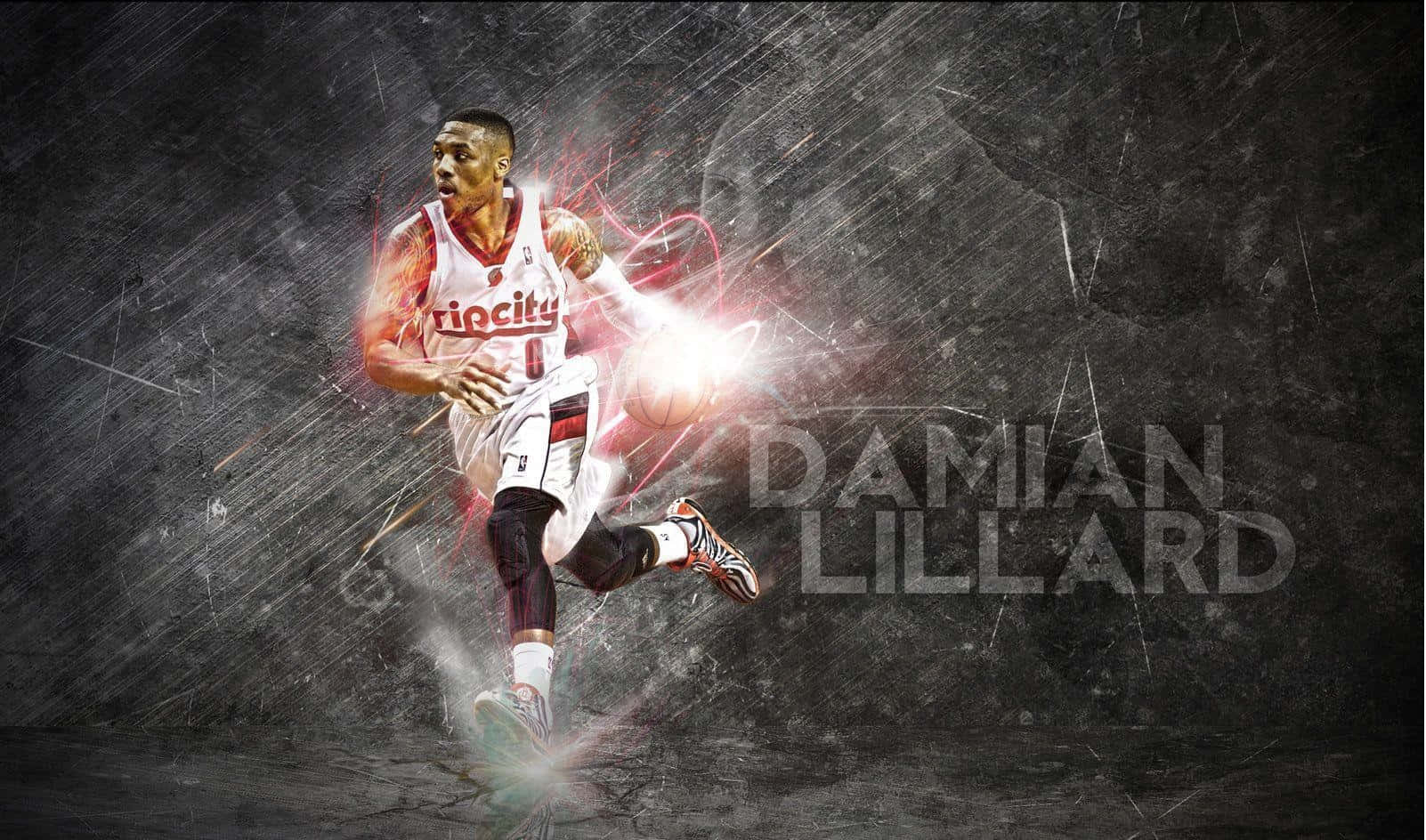  壁紙 — Damian Lillard 在黑暗粗糙的背景中運球，帶有發光的紅色能量效果。