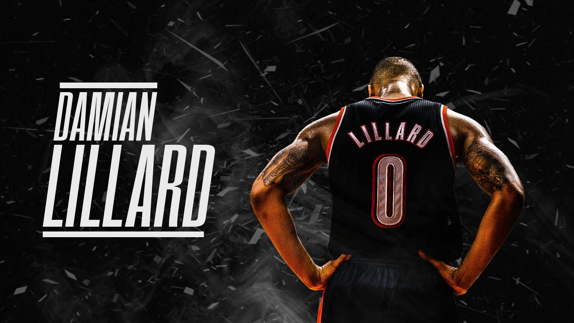 Damian 桌布 壁紙 — Damian Lillard 雙手叉腰，身穿黑色籃球球衣（號碼0），背景為深色碎玻璃。