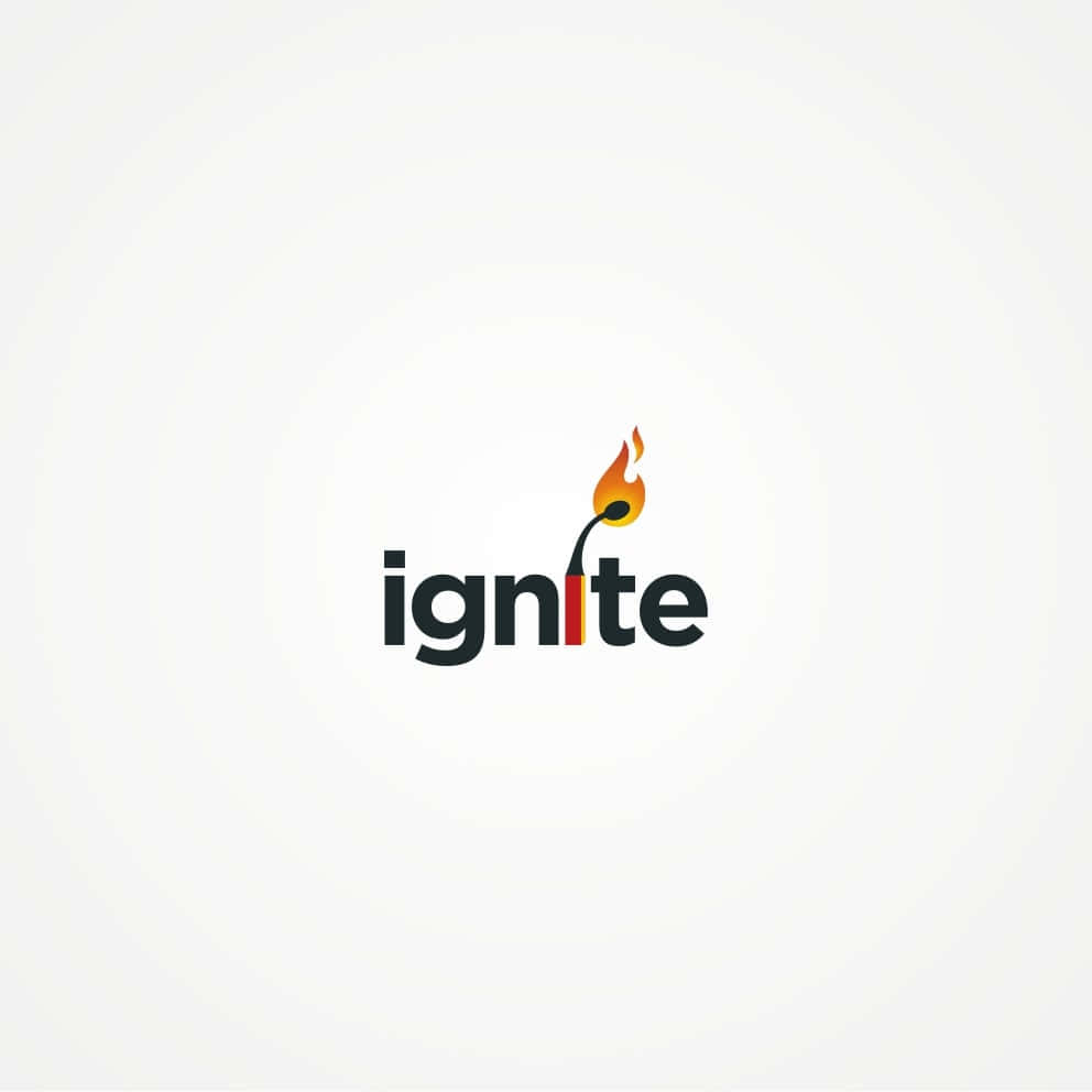  壁紙 — 單詞 ignite 以一個風格化的火焰取代字母 i，背景為柔和的白色漸變。