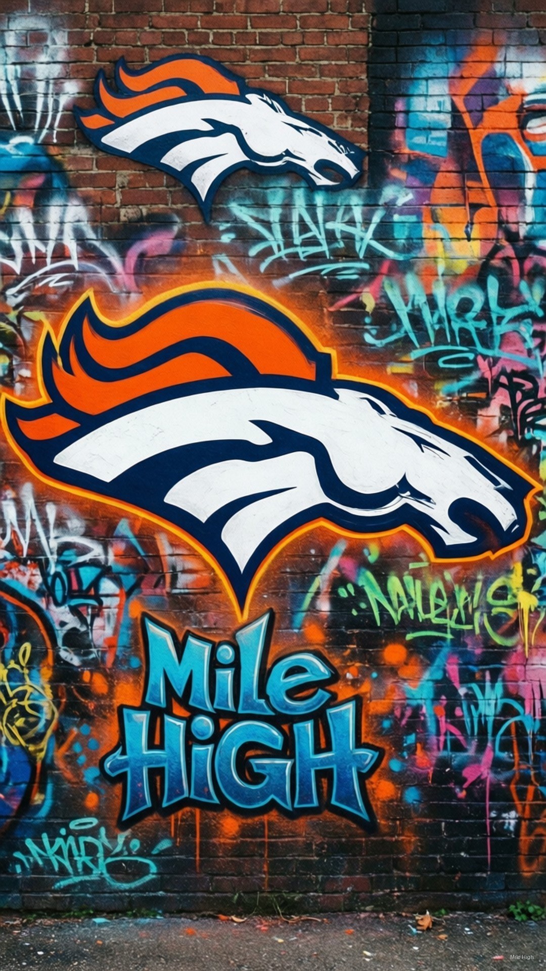 Graffiti Broncos Wall 壁紙 — 丹佛野馬隊標誌以大膽的橙色、白色和藍色塗鴉繪製在磚牆上，周圍有彩色標籤。