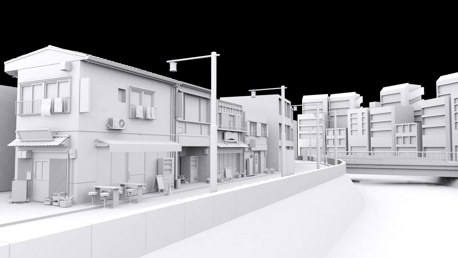 3D渲染的城市街道，建築物和橋樑，單色調。 — 3D 壁紙