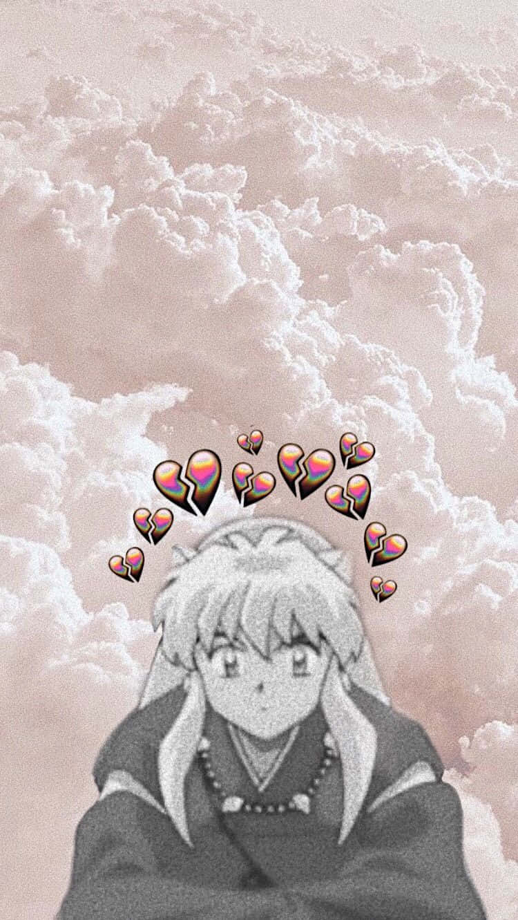 Inuyasha And Rin 桌布 壁紙 — 一個單色動漫女孩，破碎的彩虹心形漂浮在她頭頂，背景是柔和的粉紅色多雲天空。