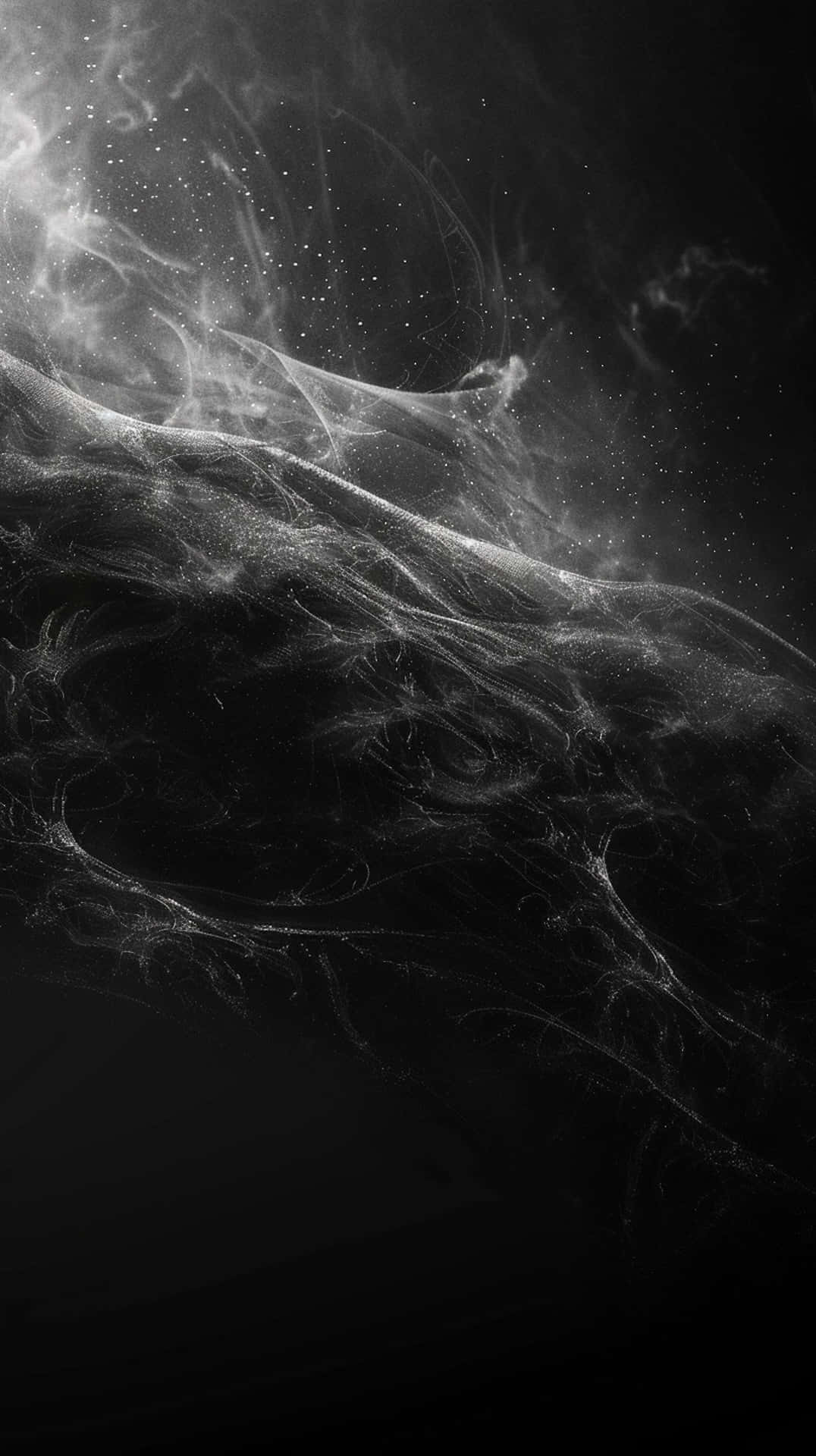  壁紙 — 單色中旋轉的飄渺宇宙星雲，發光粒子在深空中飄移。