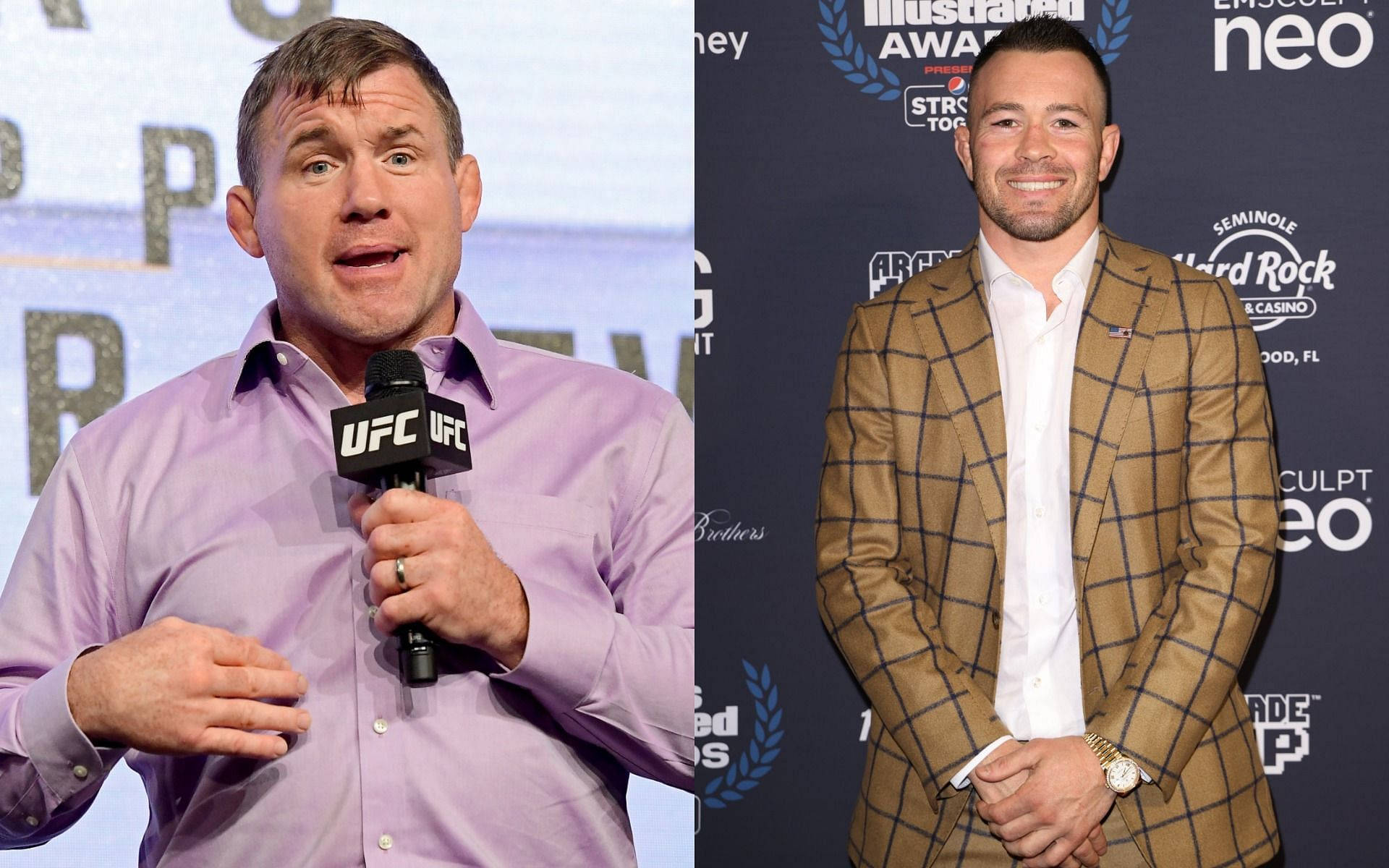 UFC 桌布 壁紙 — Dana White 對著 UFC 麥克風講話和 Georges St-Pierre 穿著格子西裝在頒獎活動中微笑的分割圖片。