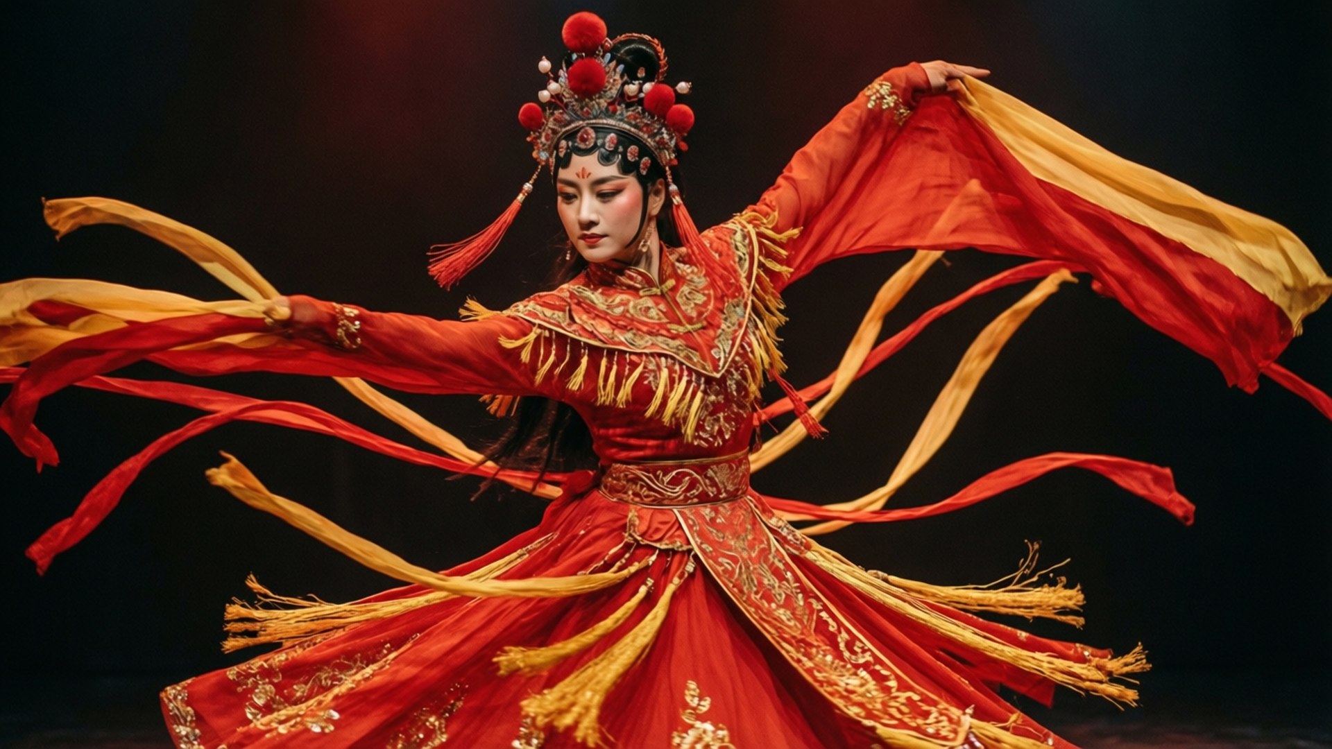 Traditional Dance The8 壁紙 — 一位身穿鮮豔紅金色傳統服飾的舞者，在深色背景下以飄逸的絲帶做出動態姿勢。