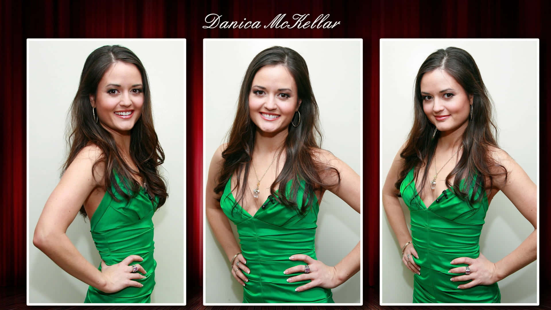 Danica Mckellar 桌布 壁紙 — Danica McKellar 身穿鮮綠色緞面連衣裙，在紅色窗簾背景下自信擺姿勢的三張肖像照。